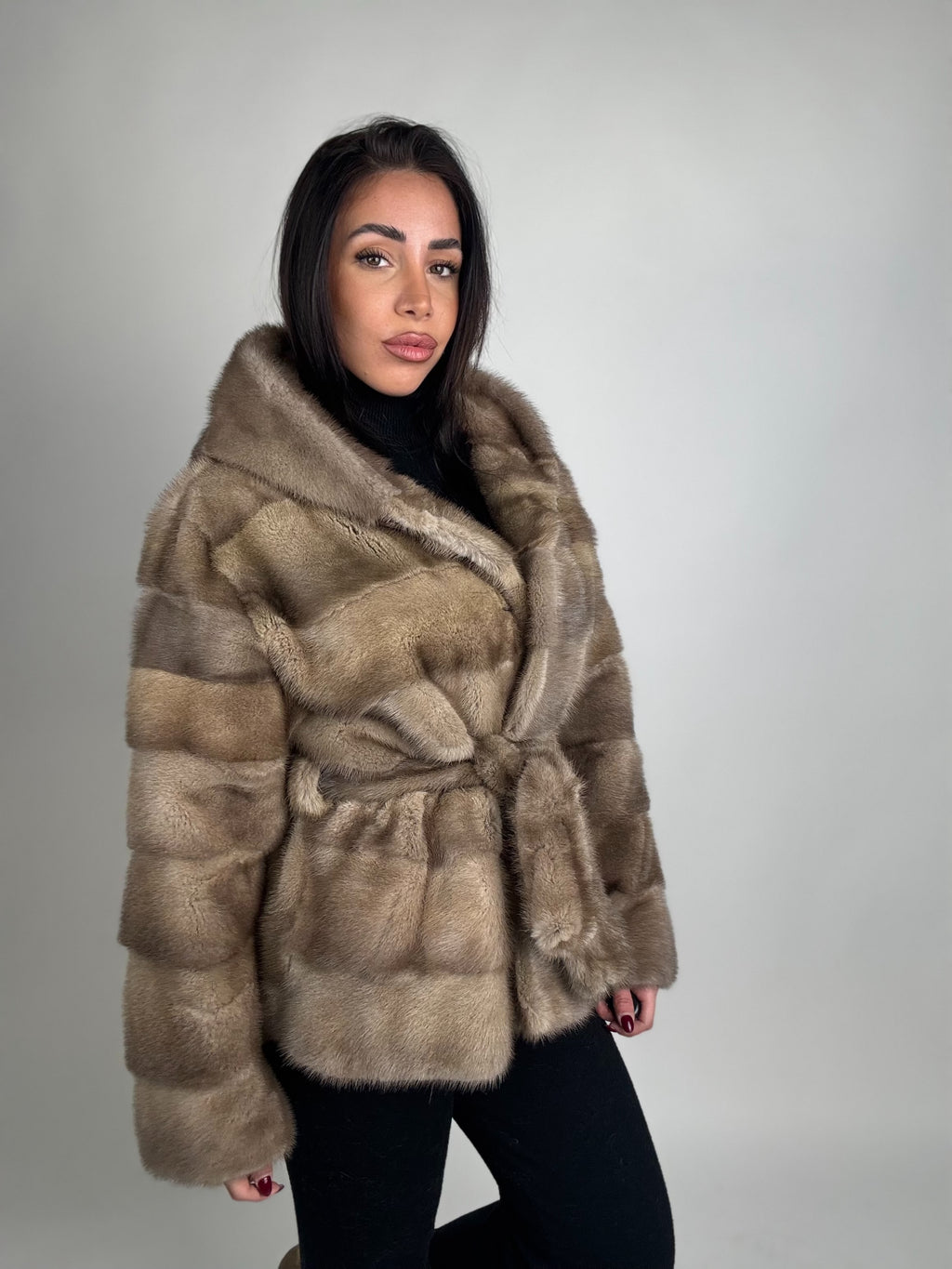 Mink jacket with belt and hood