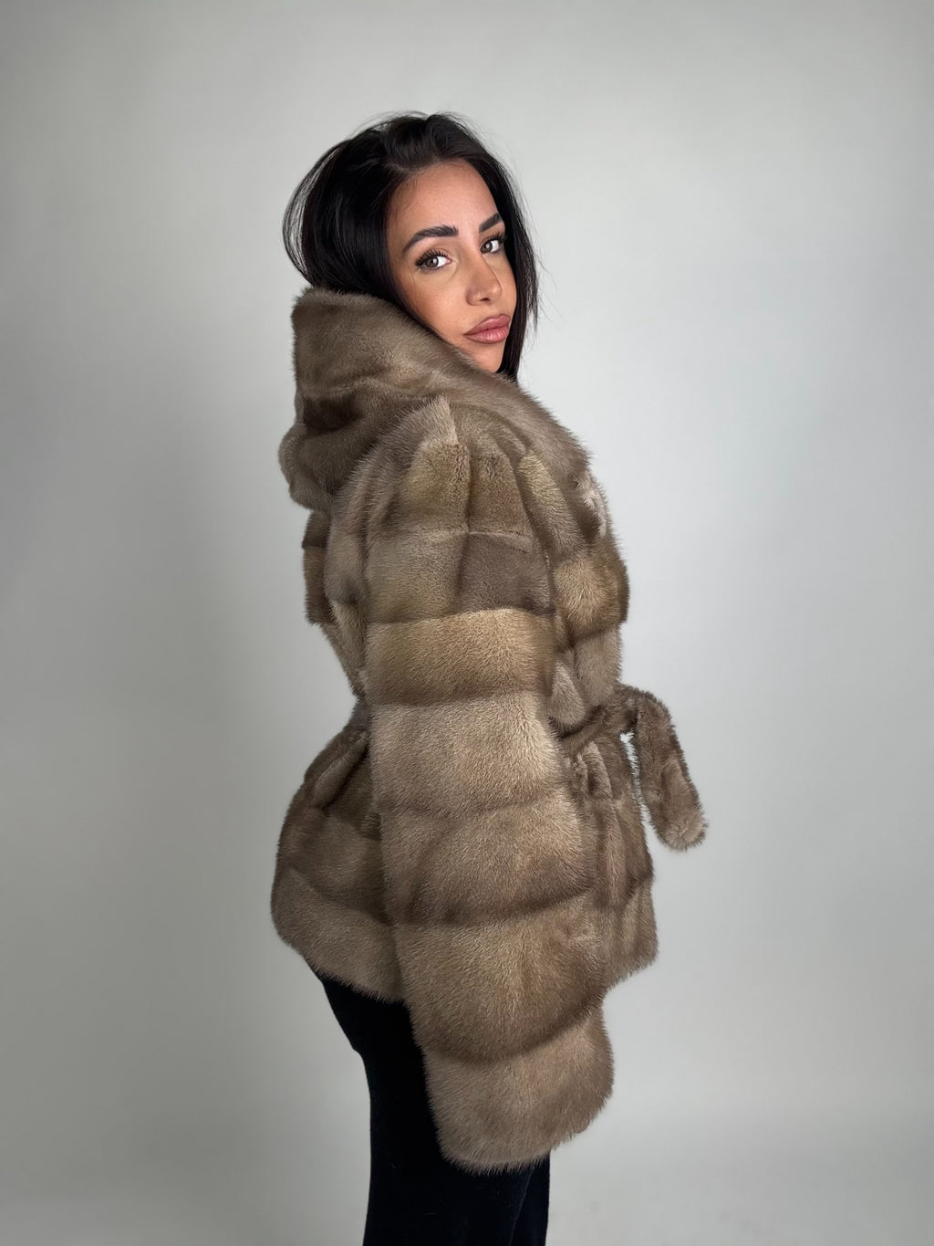 Mink jacket with belt and hood