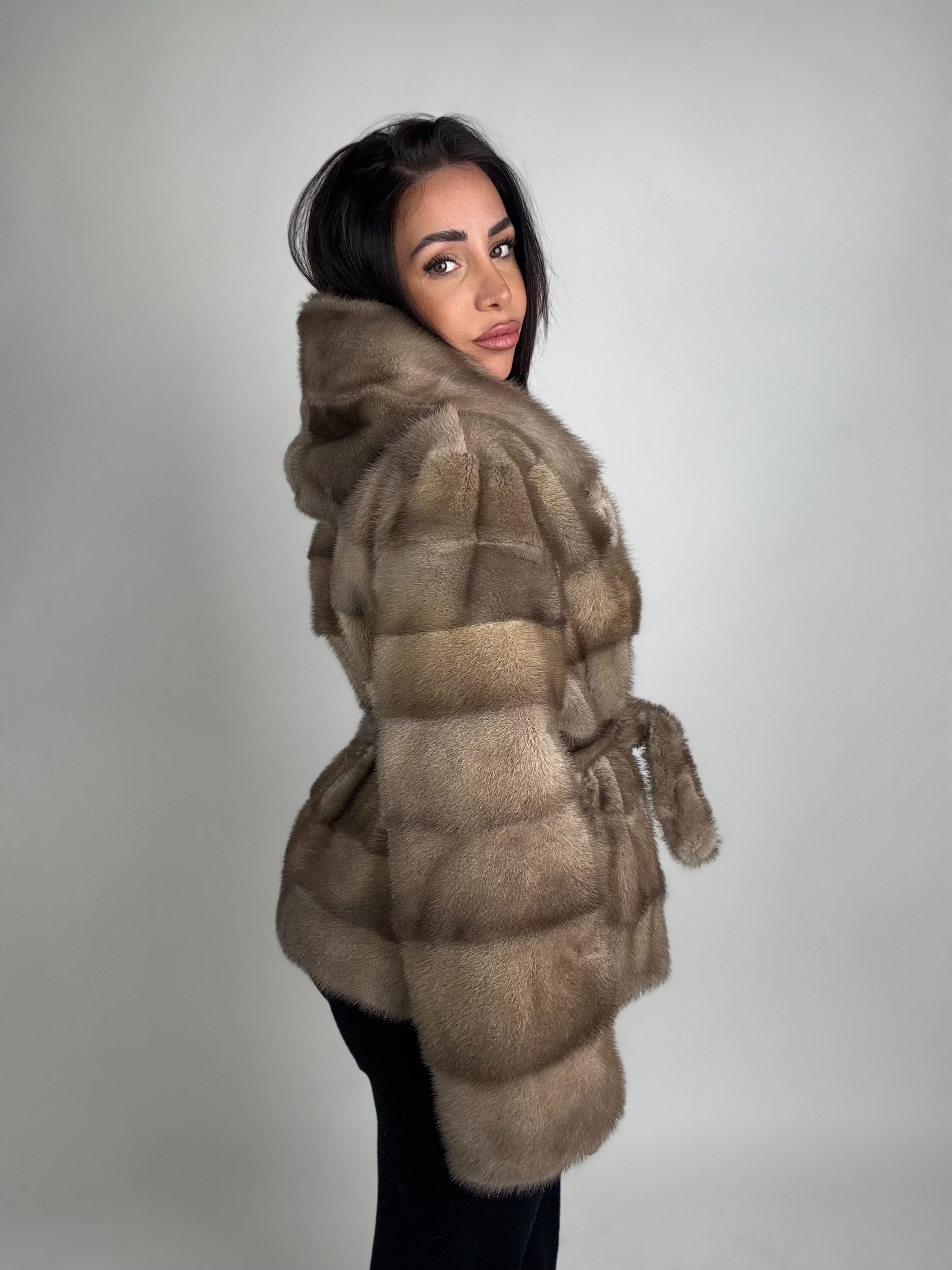 Mink jacket with belt and hood