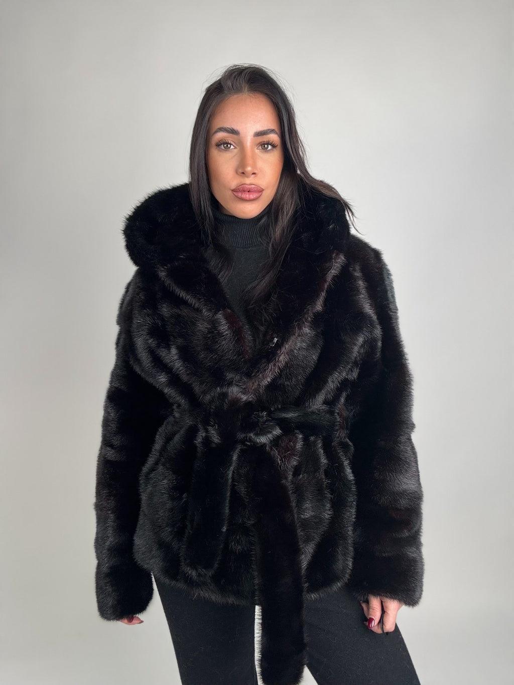 Mink jacket with belt and hood