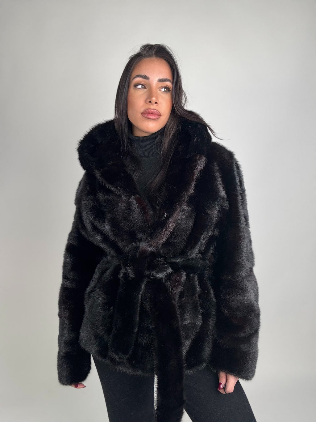 Mink jacket with belt and hood