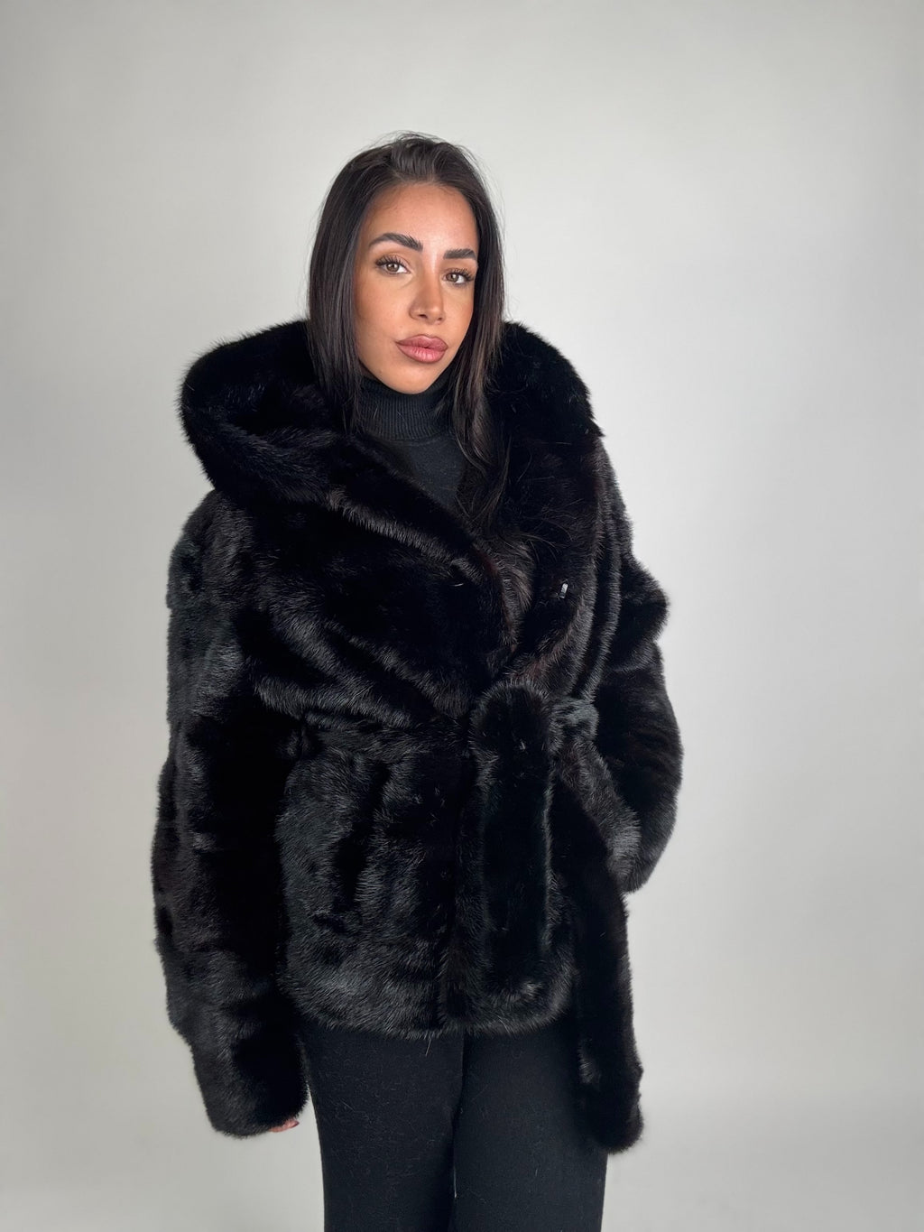 Mink jacket with belt and hood