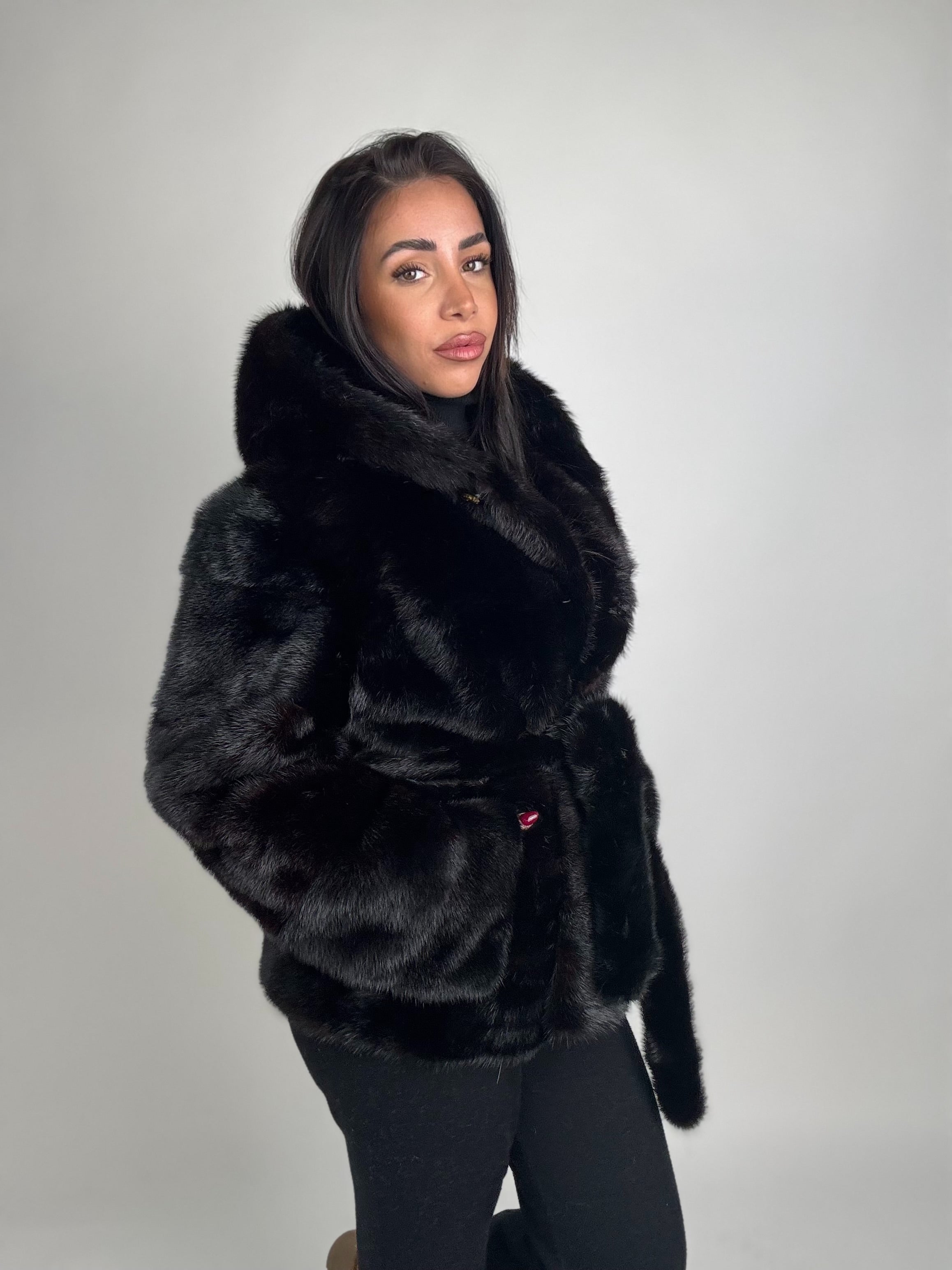 Mink jacket with belt and hood