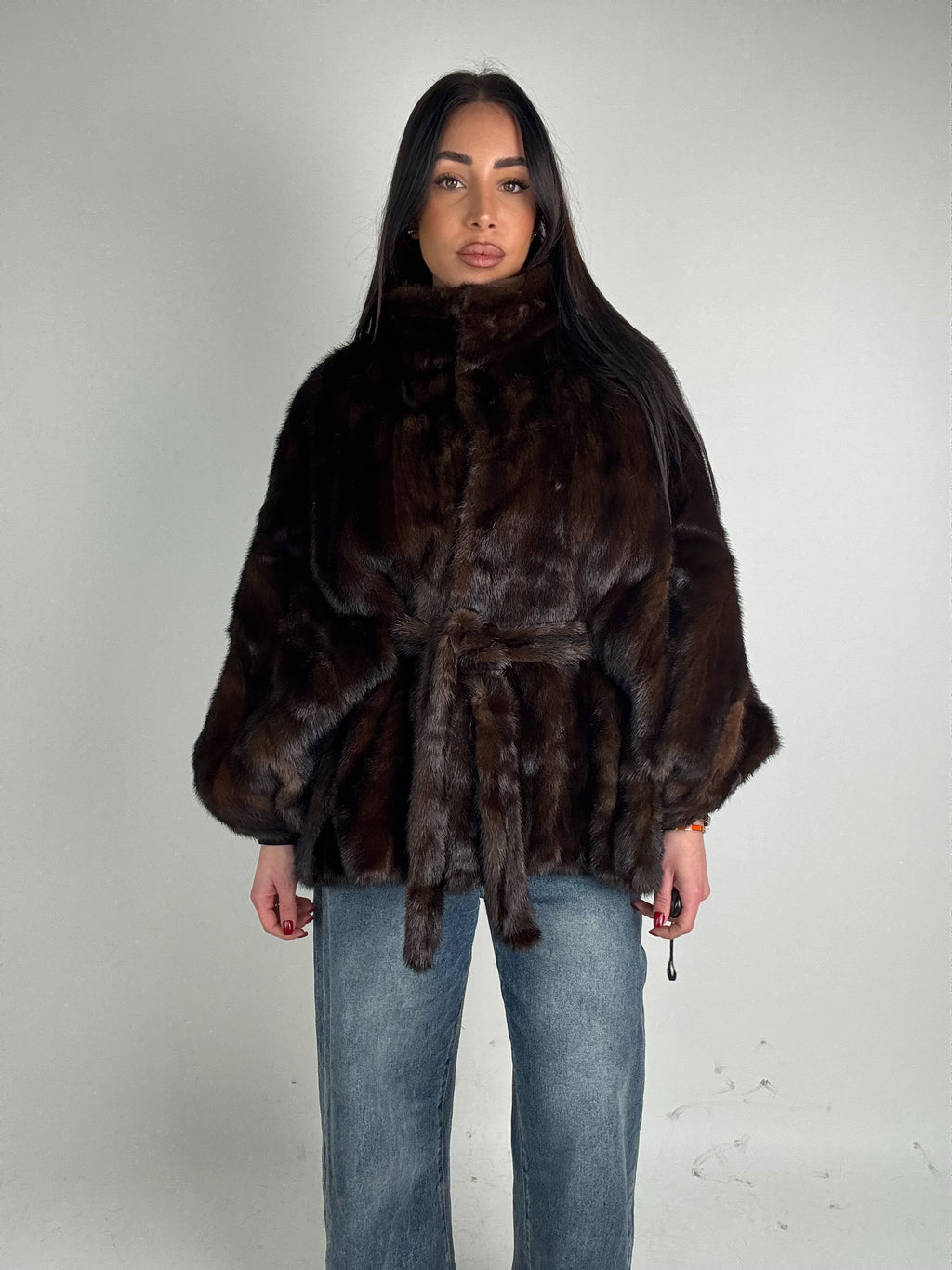 Mink jacket with belt and hood