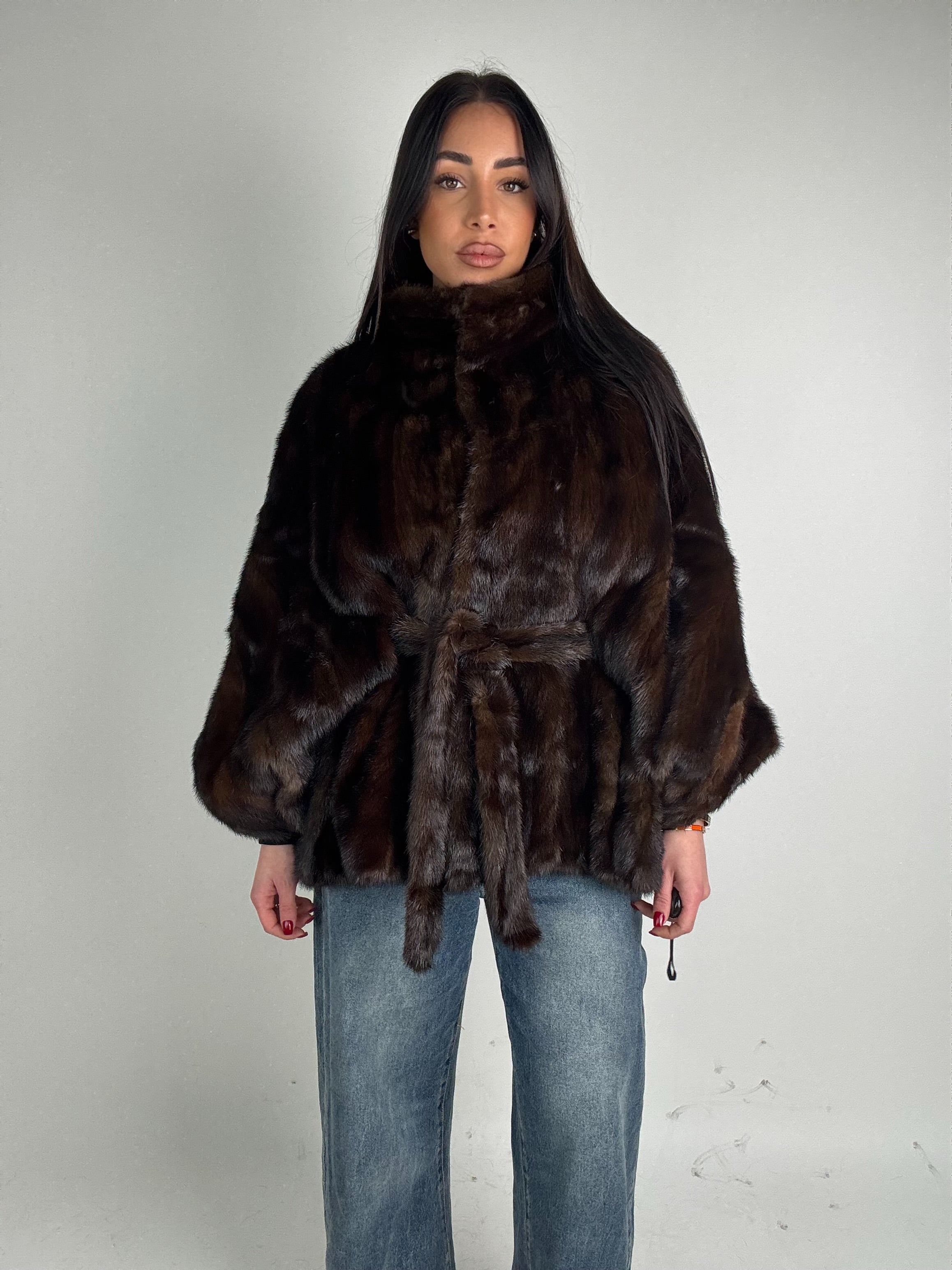 Mink jacket with belt and hood