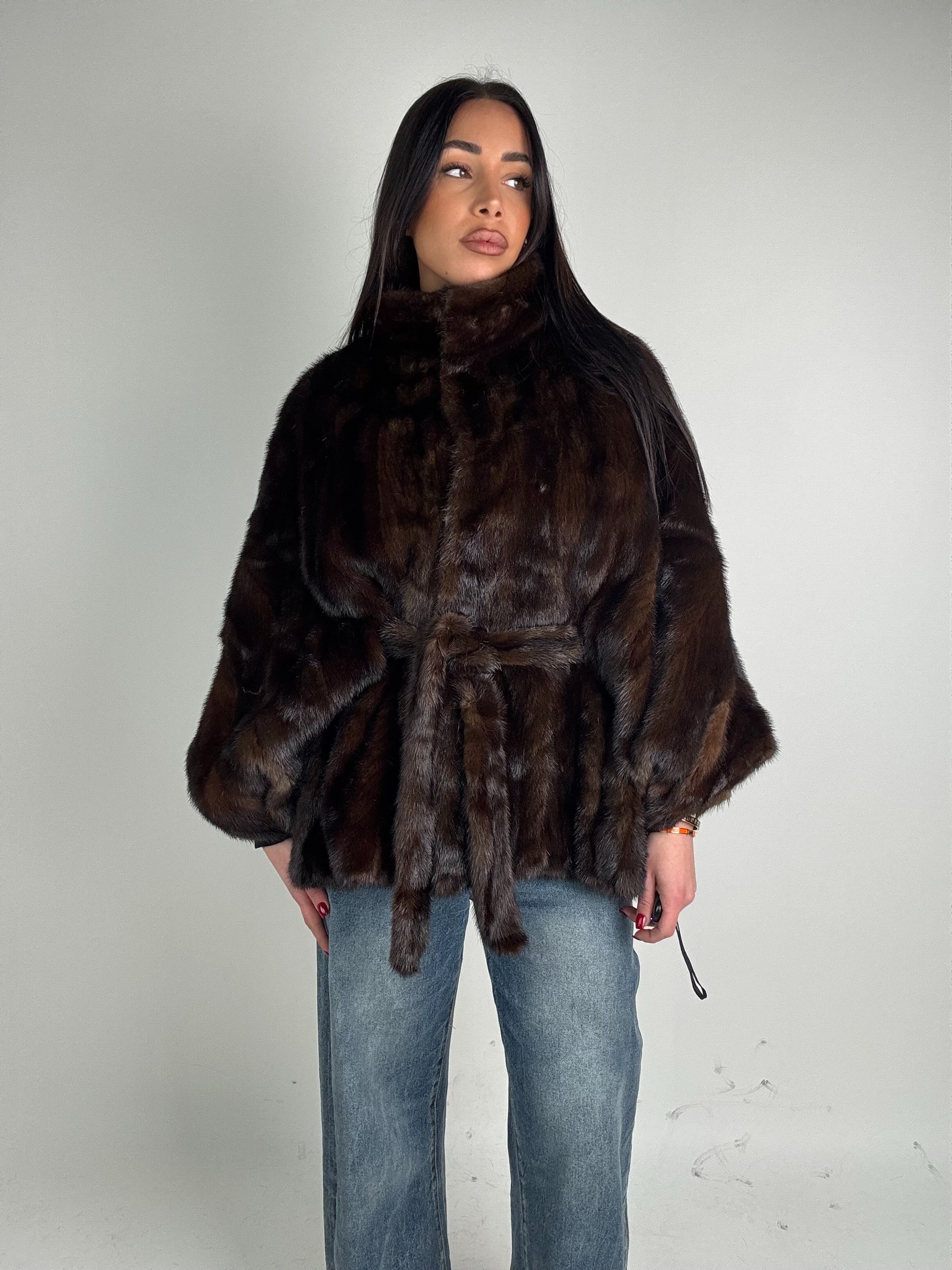 Mink jacket with belt and hood