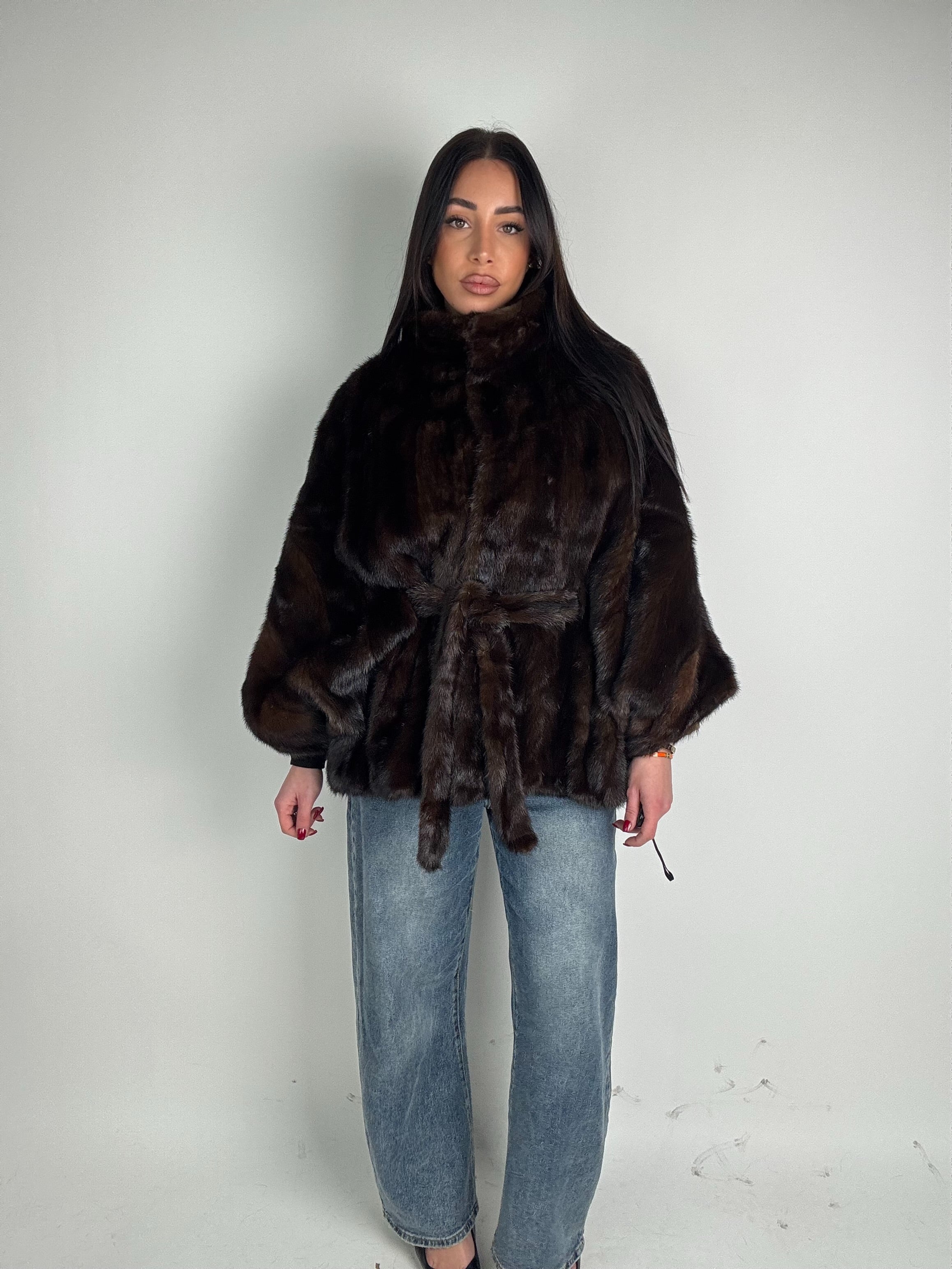 Mink jacket with belt and hood