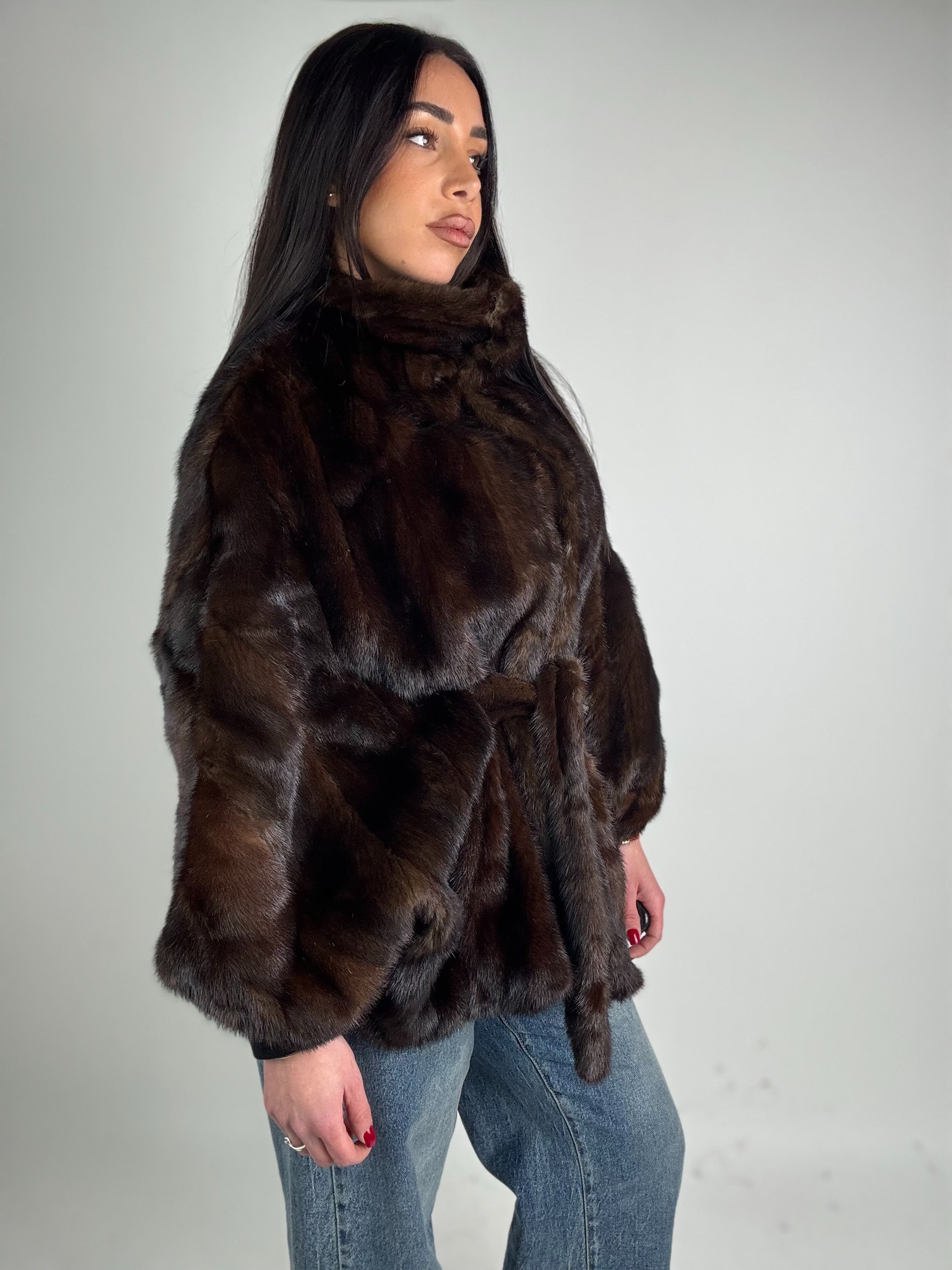 Mink jacket with belt and hood