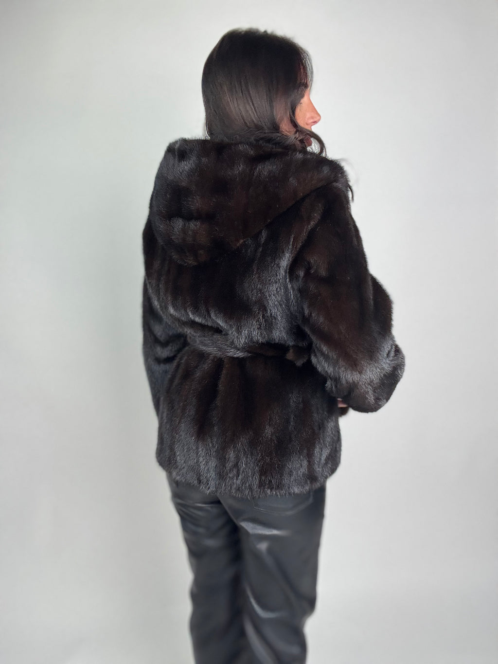 Mink jacket with belt and hood