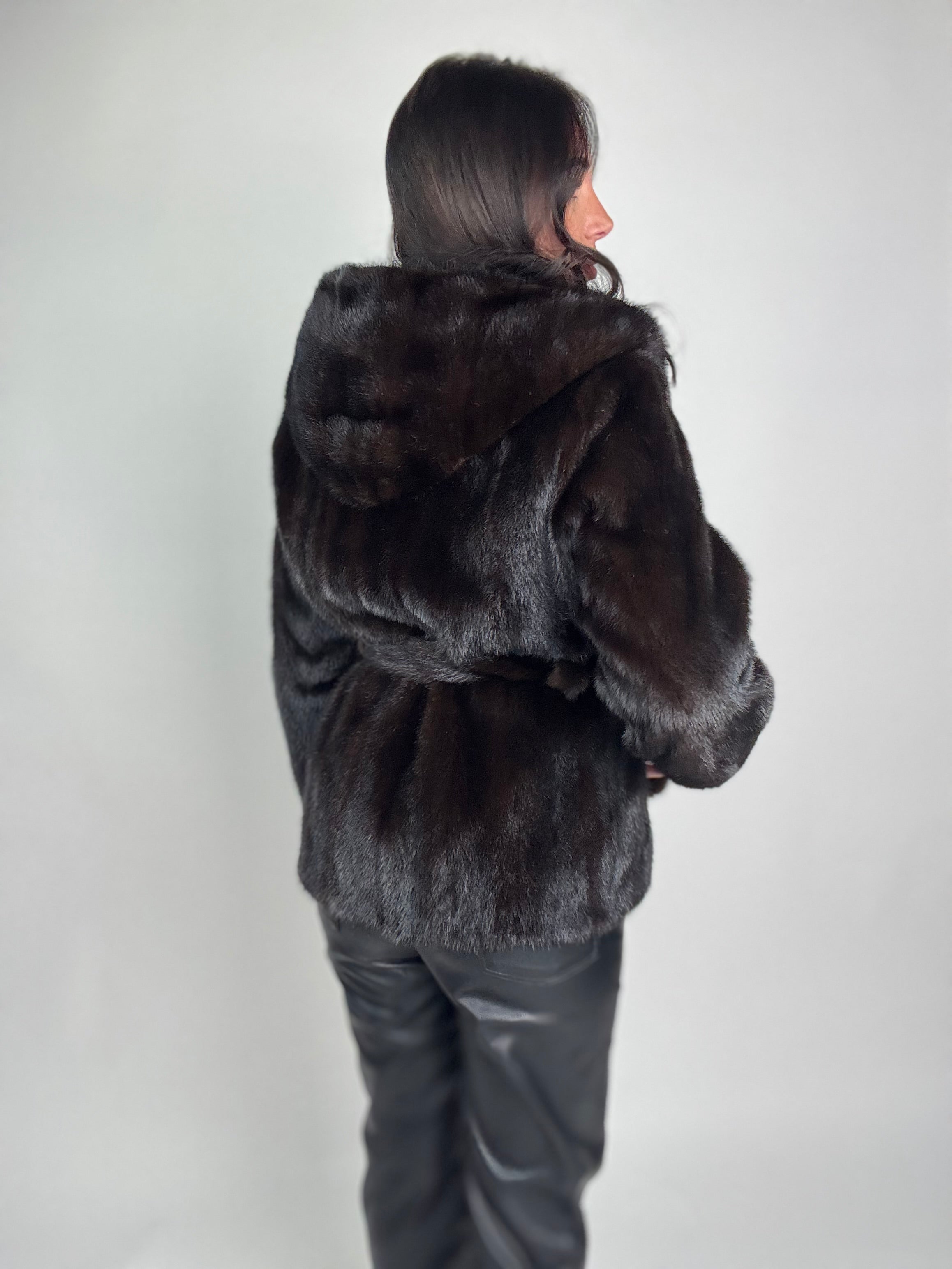Mink jacket with belt and hood