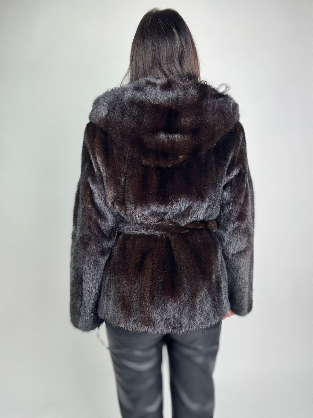 Mink jacket with belt and hood