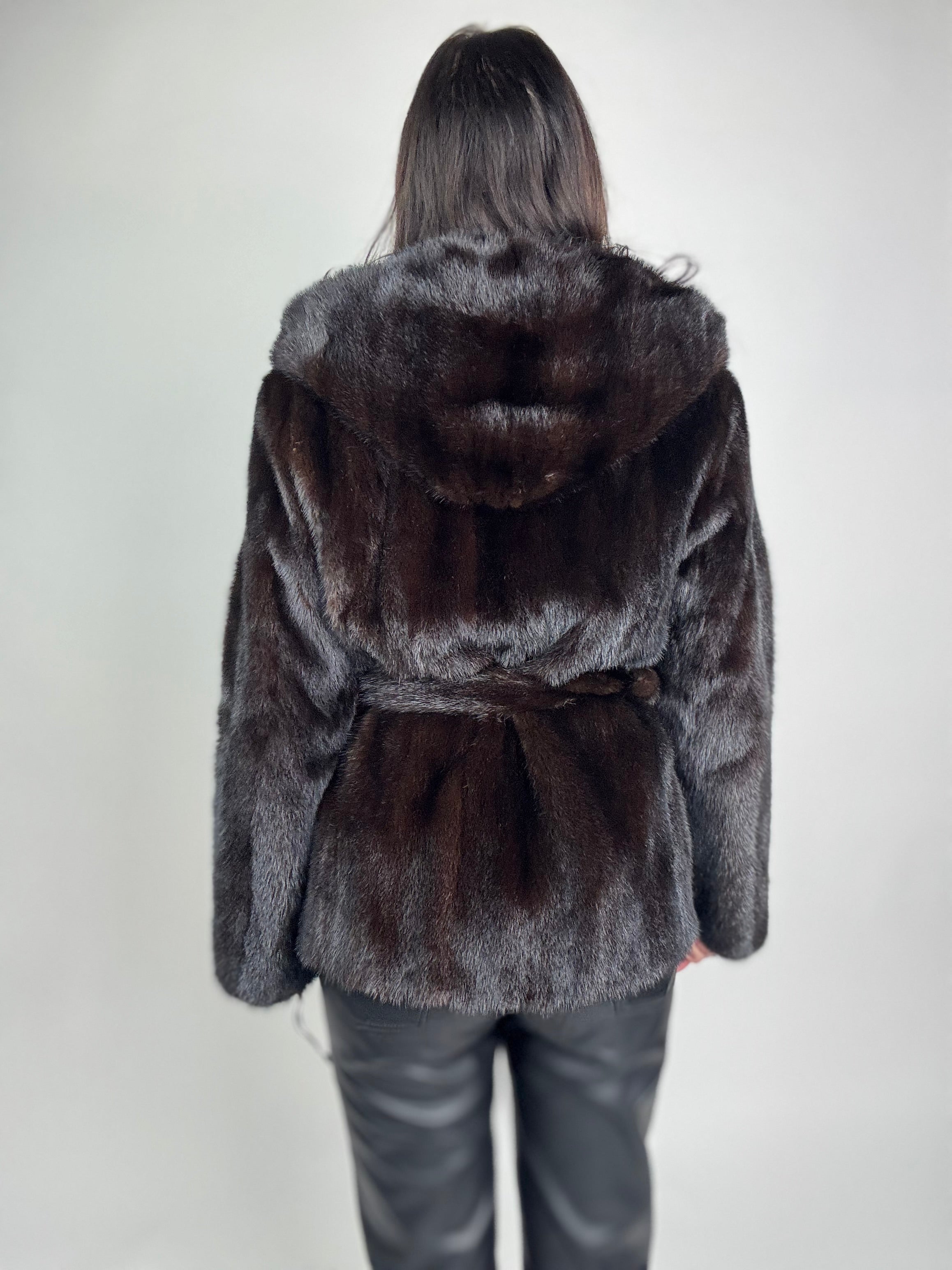 Mink jacket with belt and hood