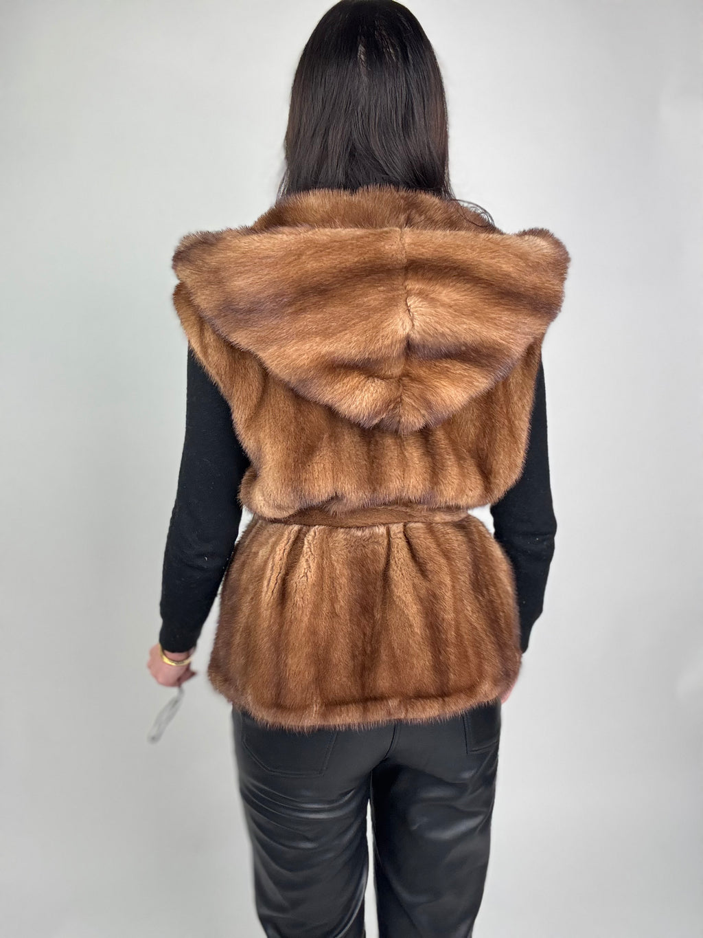 Mink jacket with belt and hood