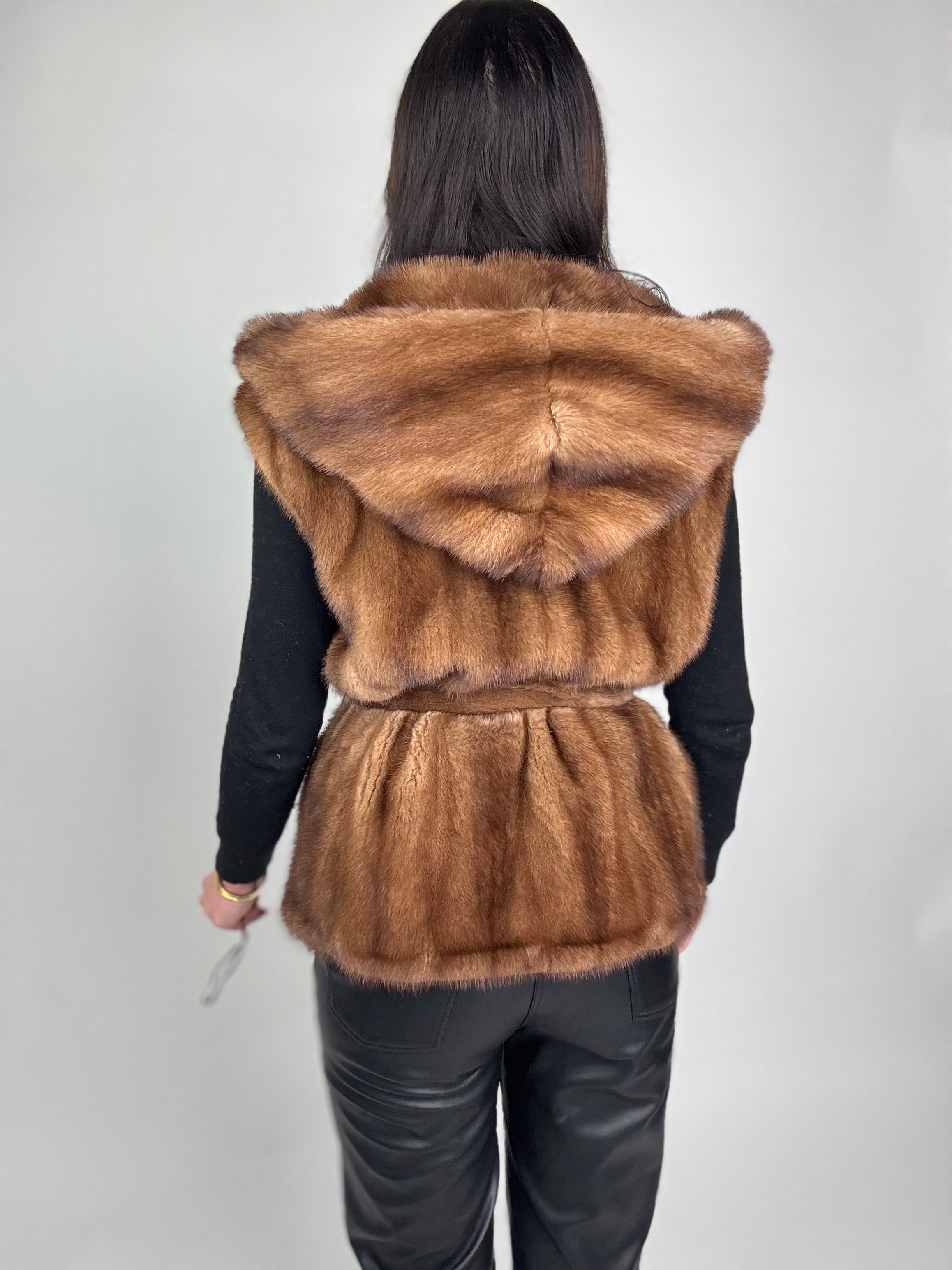 Mink jacket with belt and hood