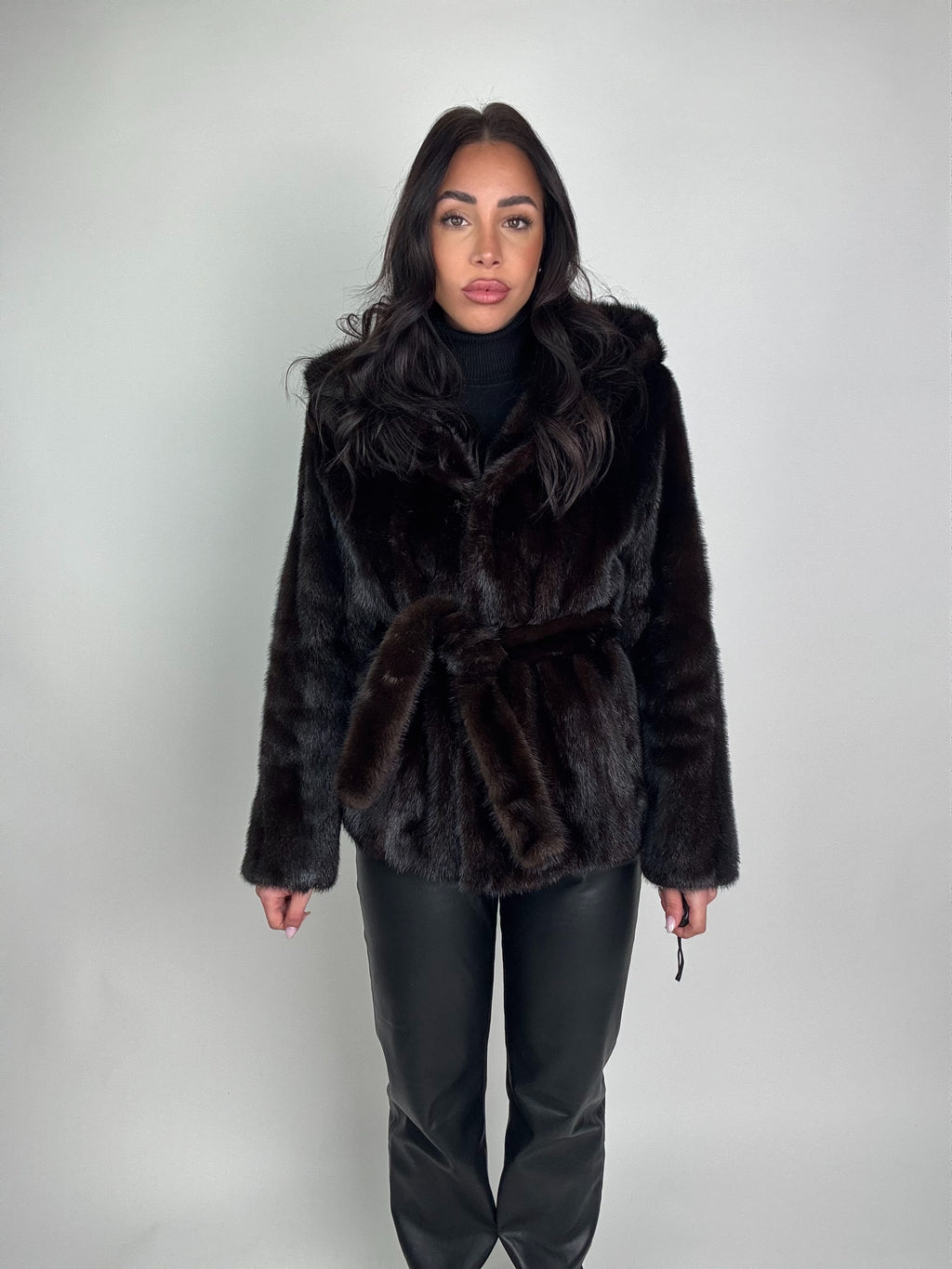 Mink jacket with belt and hood