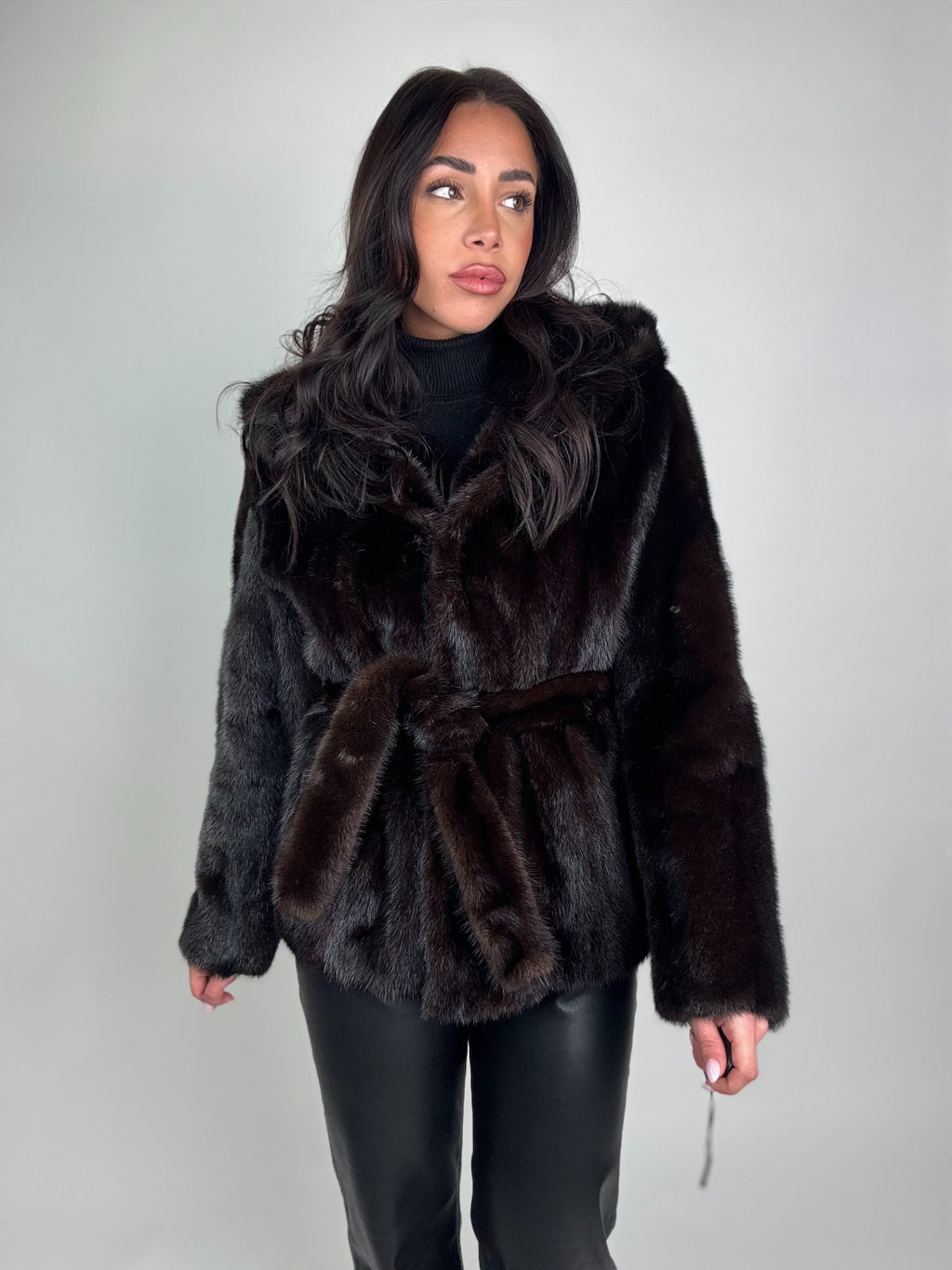 Mink jacket with belt and hood