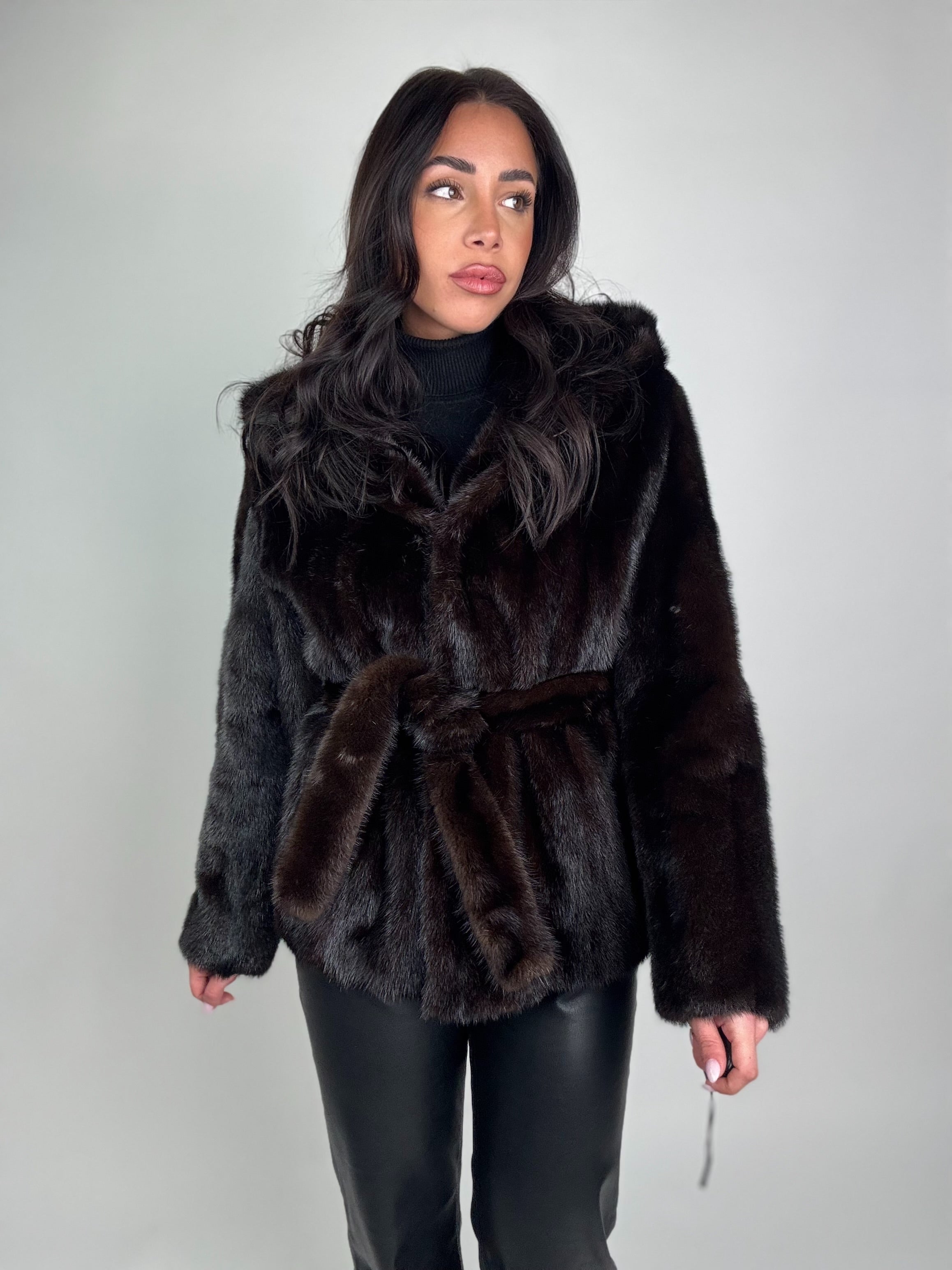 Mink jacket with belt and hood