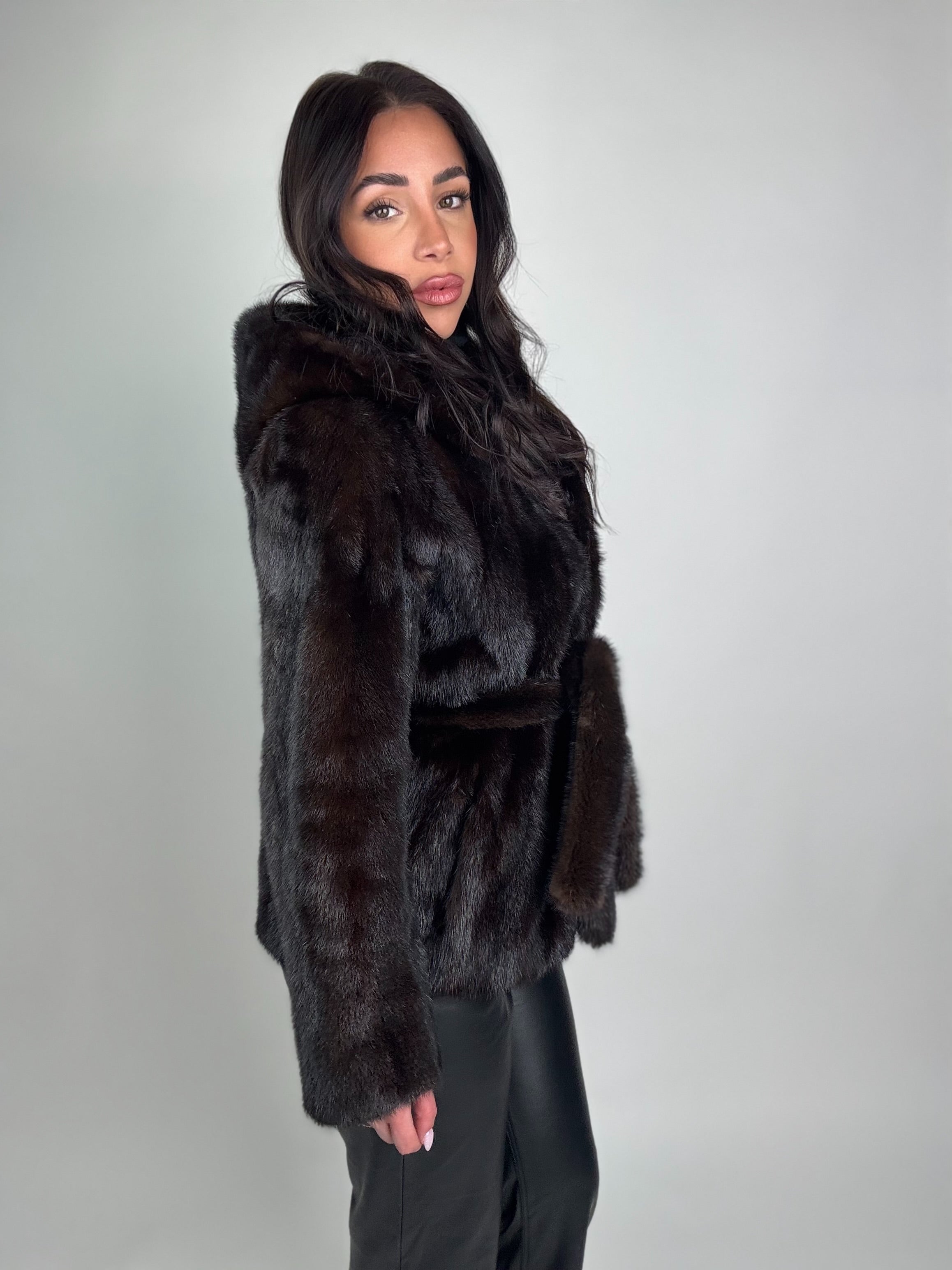 Mink jacket with belt and hood