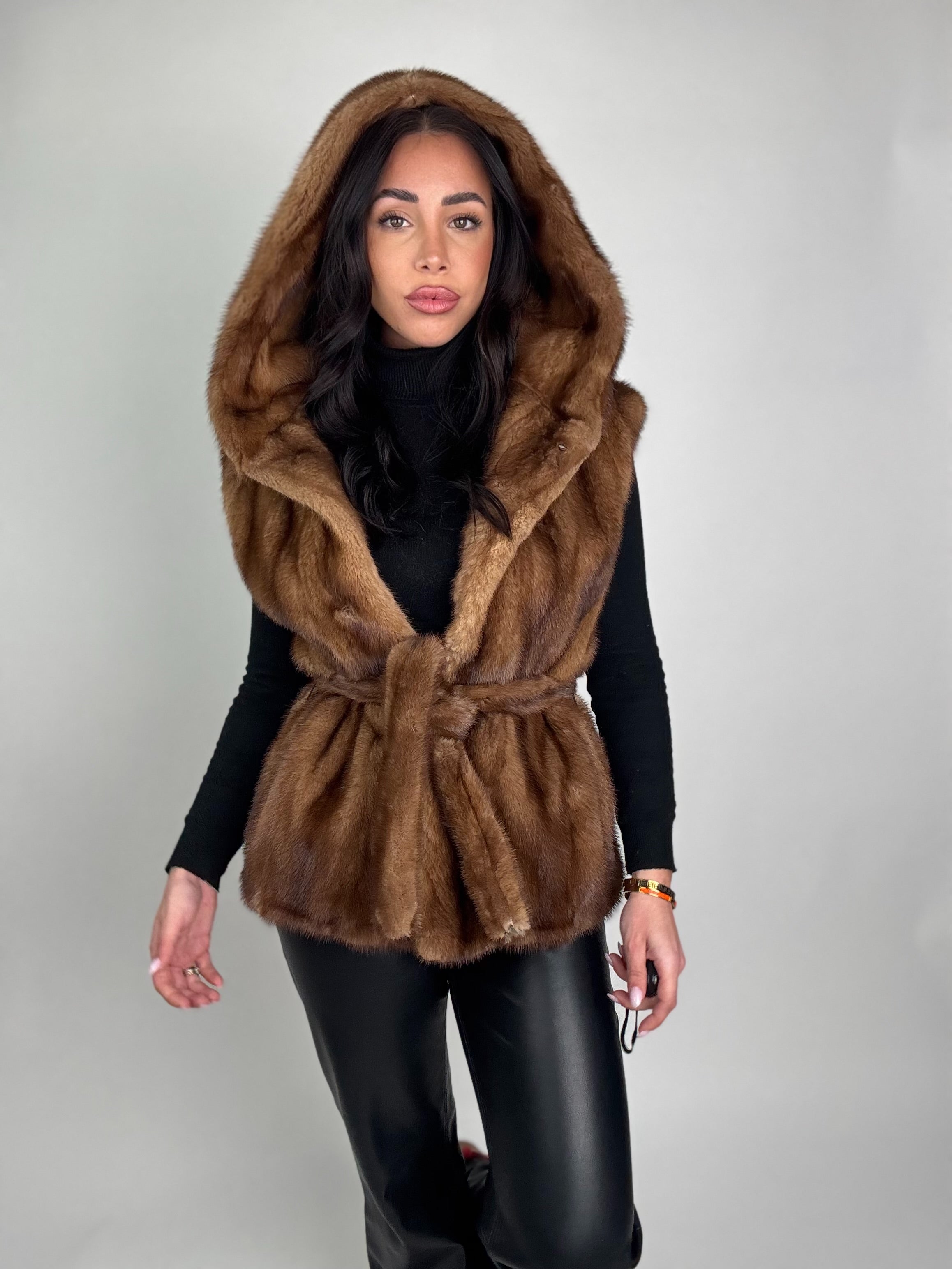 Mink jacket with belt and hood