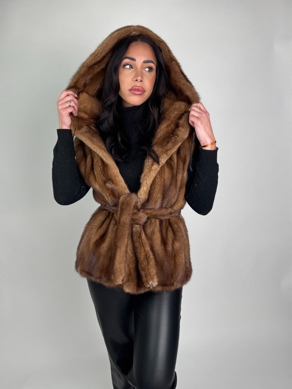 Mink jacket with belt and hood