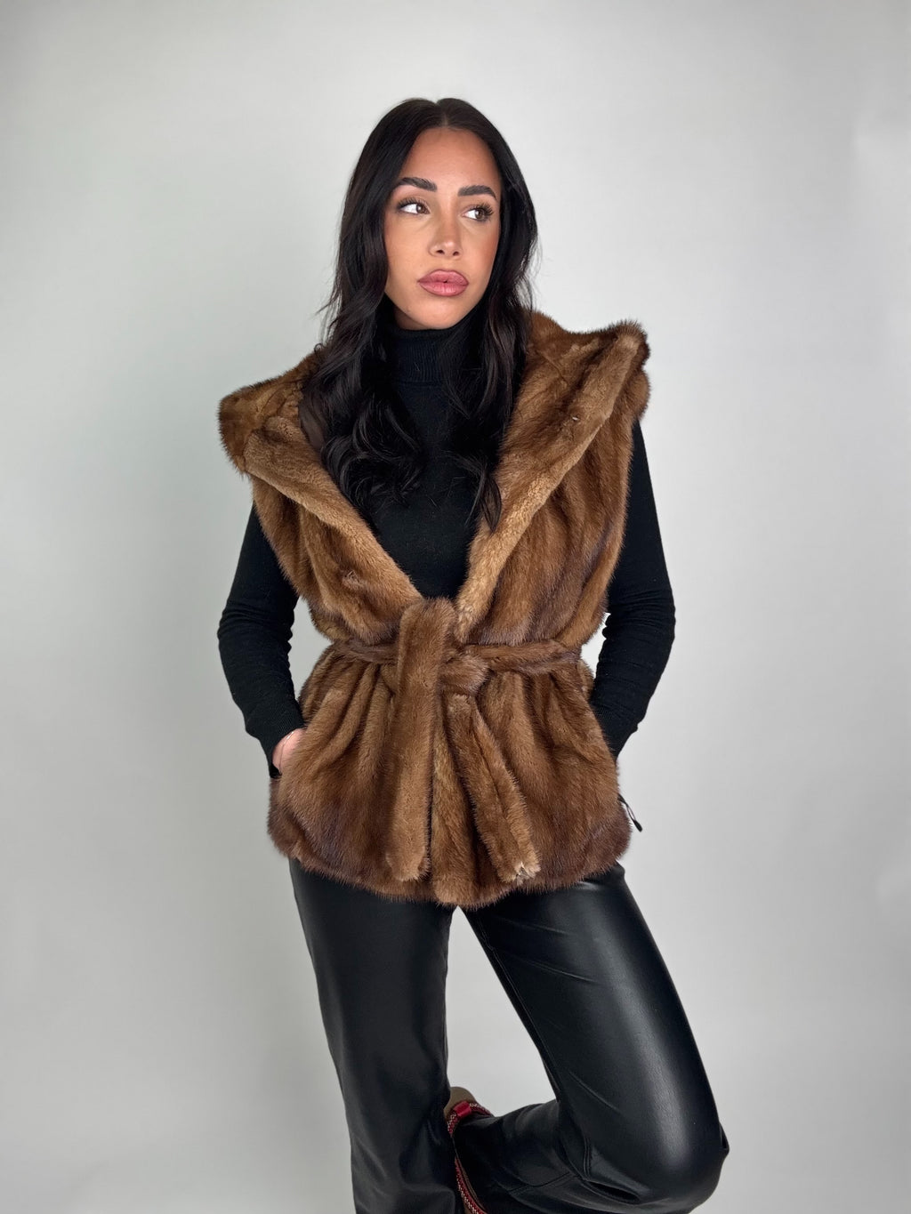 Mink jacket with belt and hood