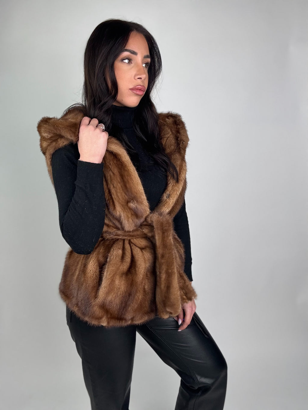 Mink jacket with belt and hood
