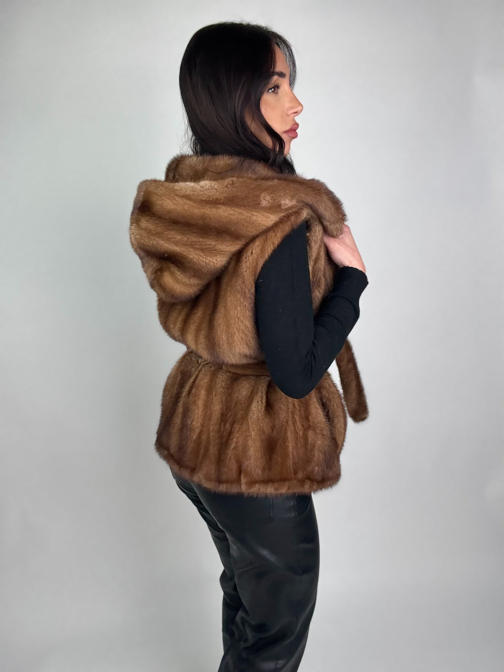Mink jacket with belt and hood