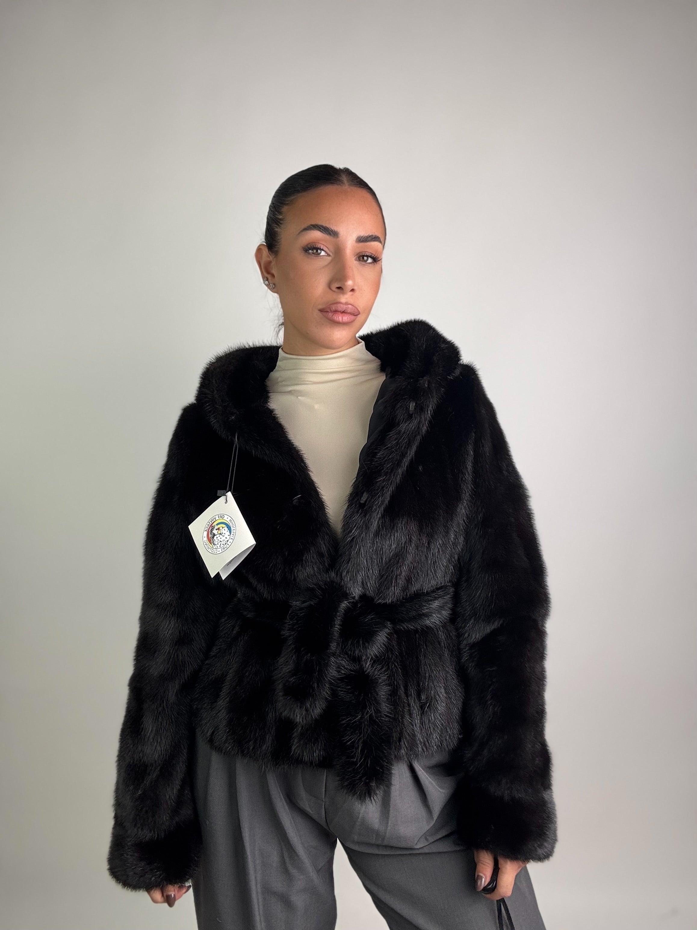 Giacca in visone cintura e cappuccio N187