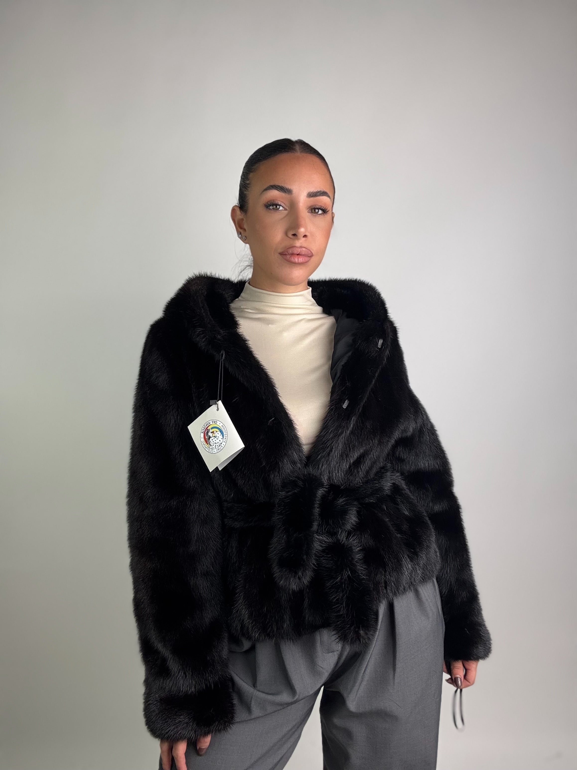 Giacca in visone cintura e cappuccio N187