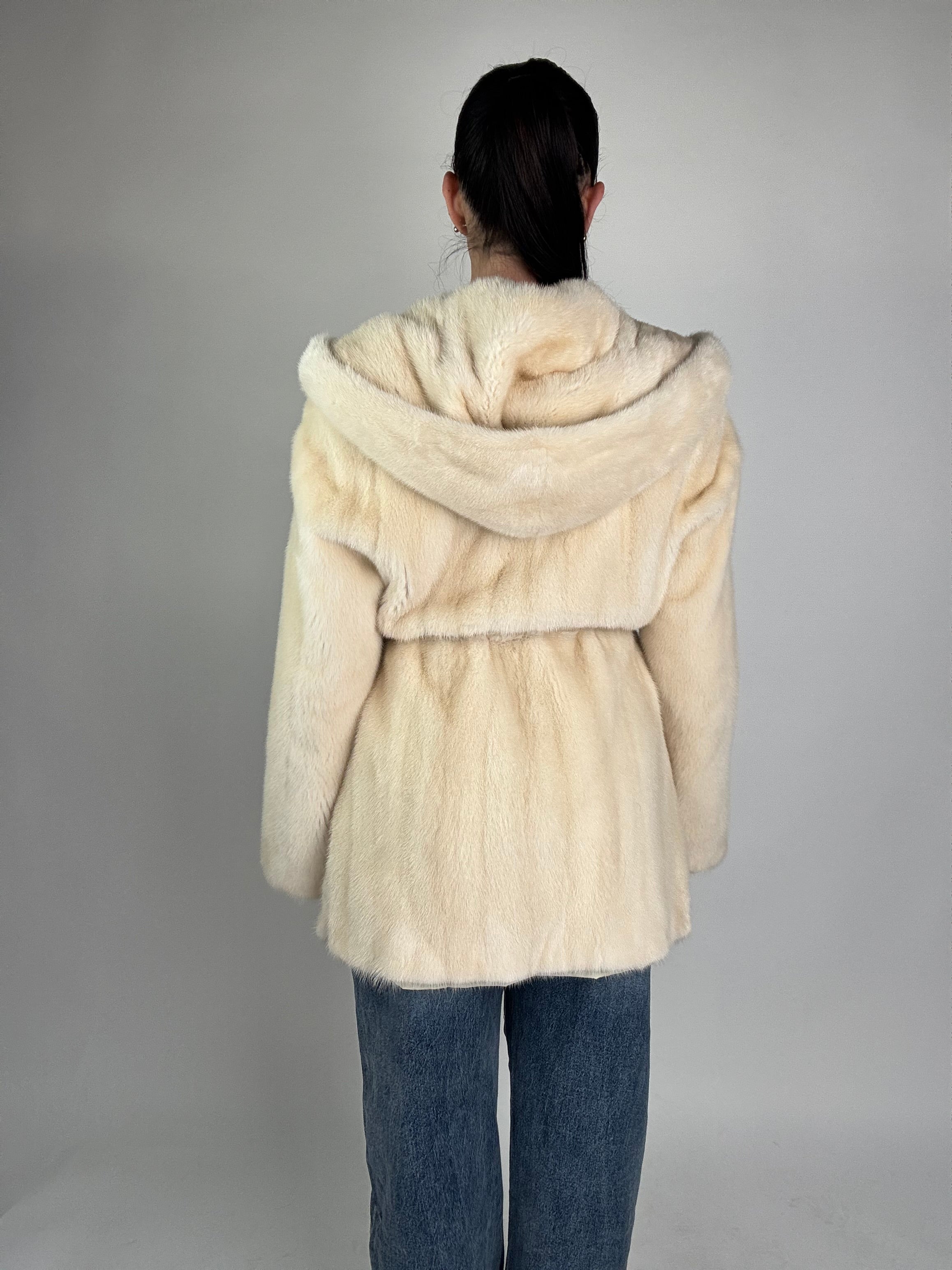 Mink jacket with belt and hood