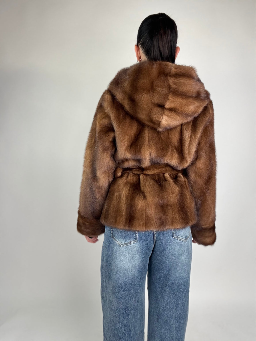 Mink jacket with belt and hood