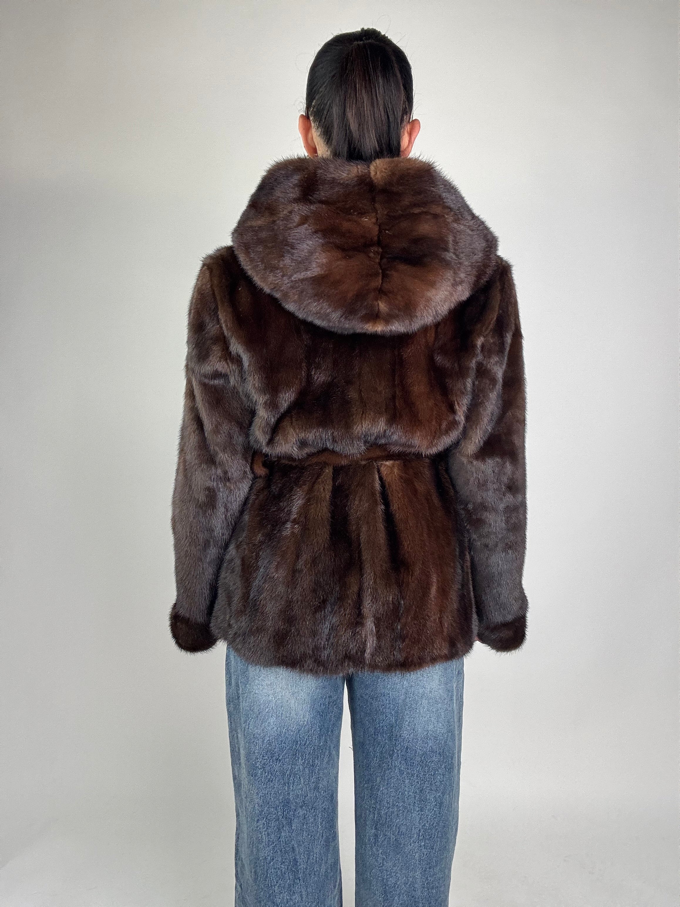 Mink jacket with belt and hood