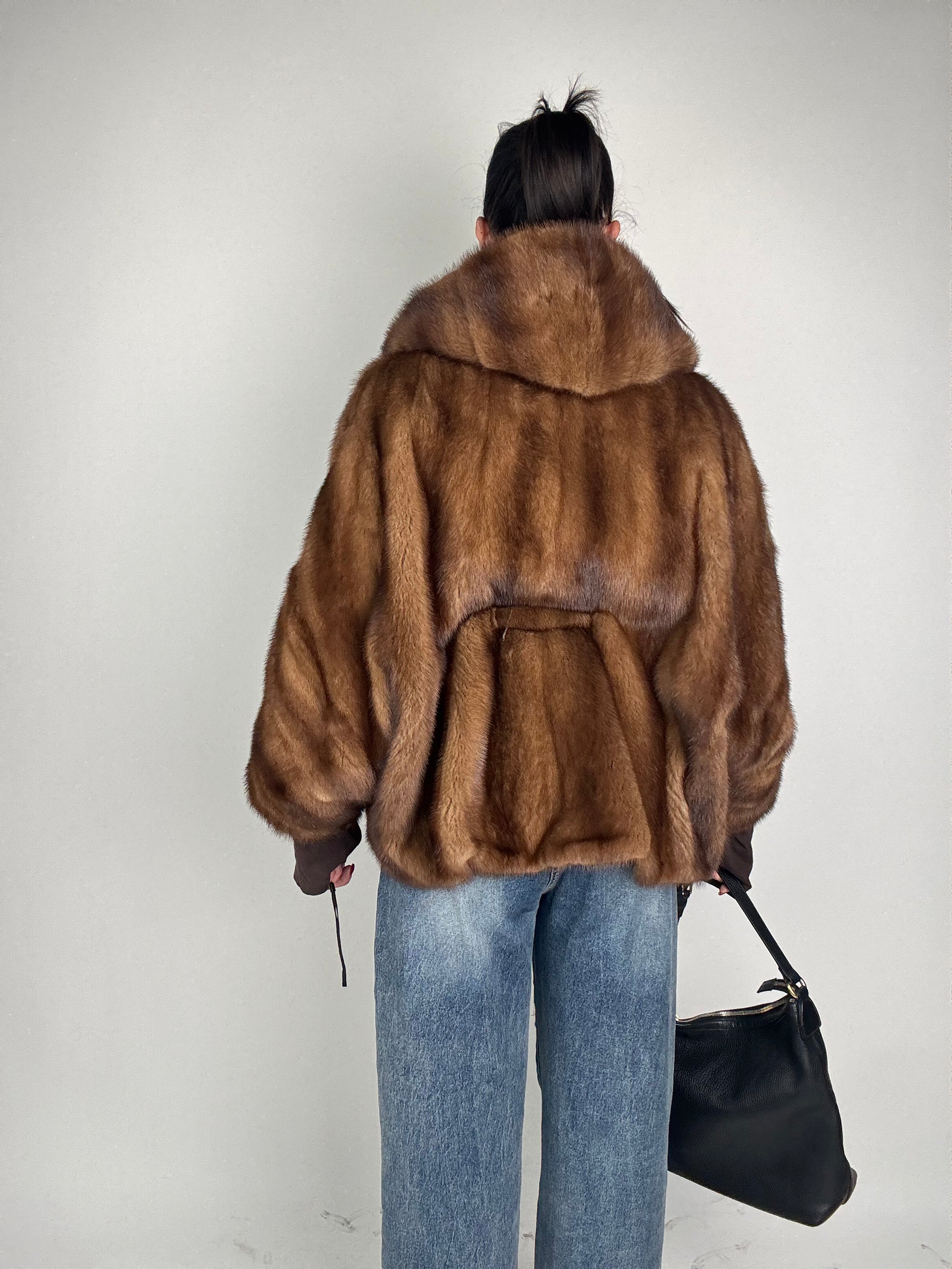 Mink jacket with belt and hood