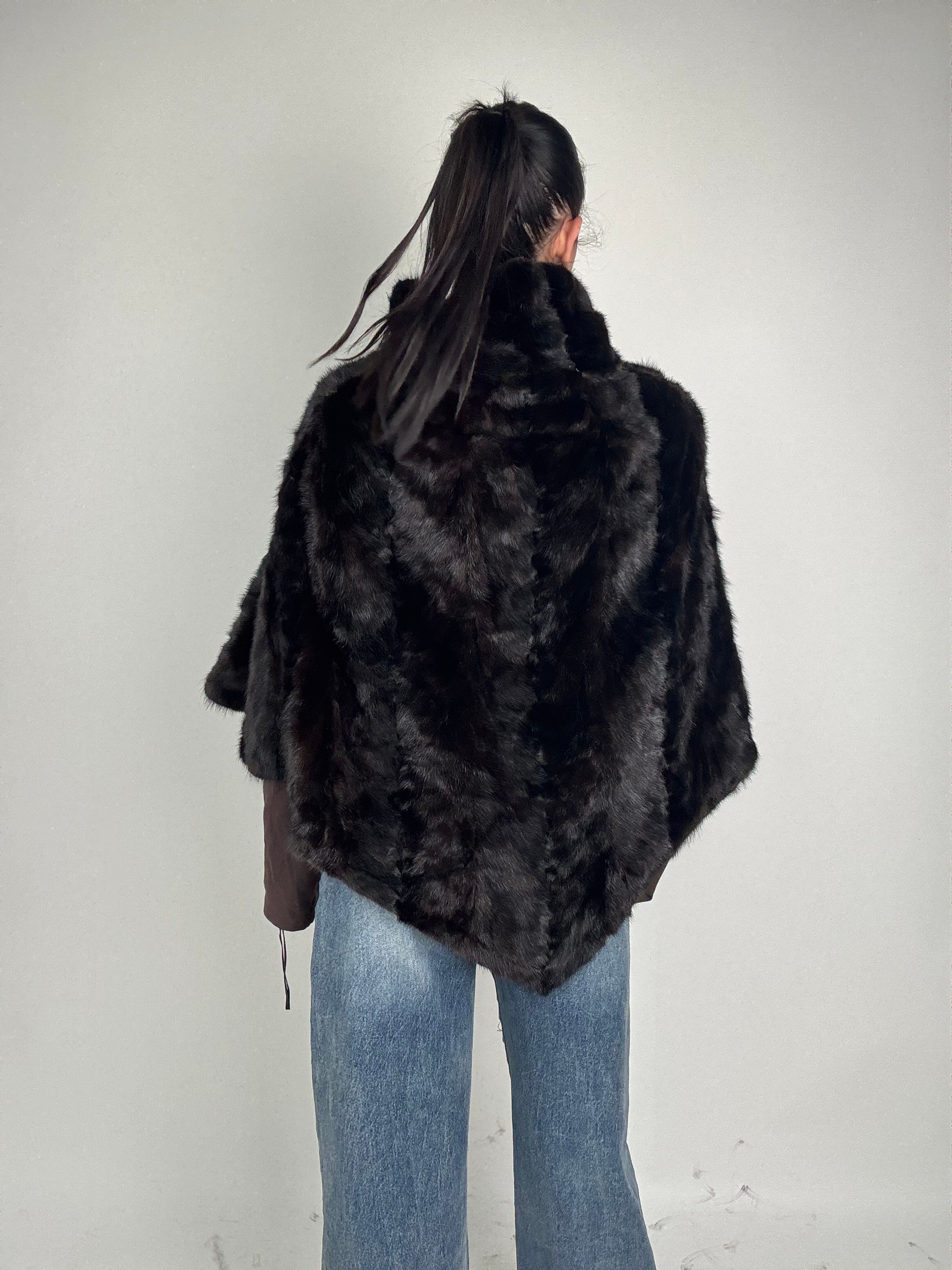 Mink jacket with belt and hood