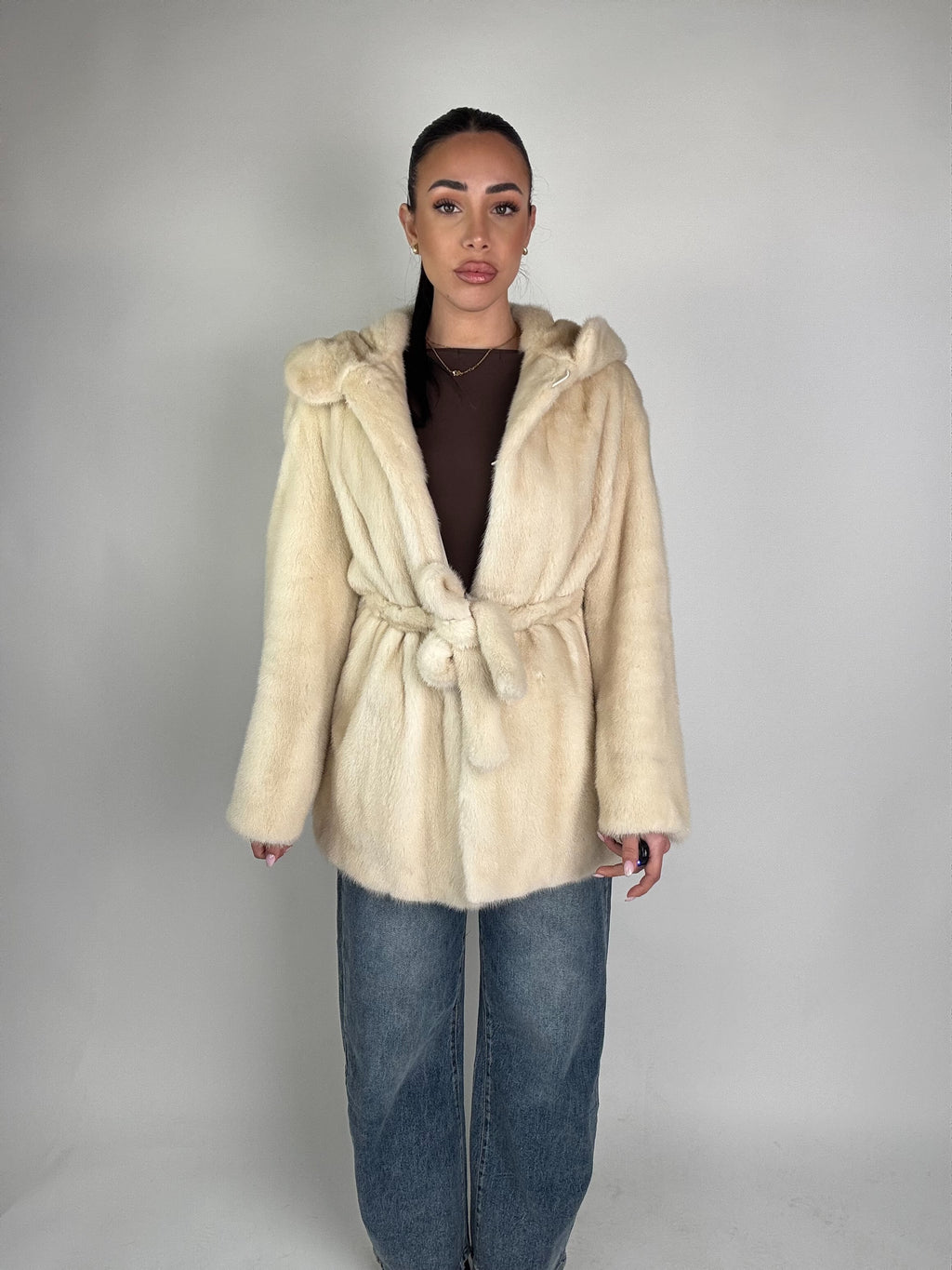 Mink jacket with belt and hood