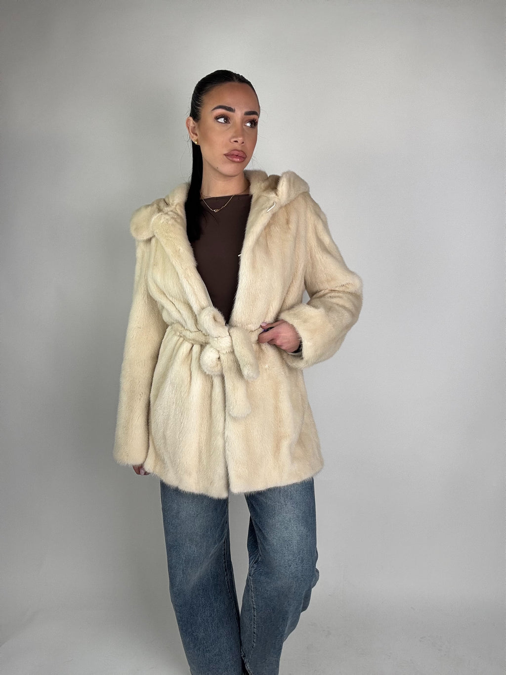 Mink jacket with belt and hood