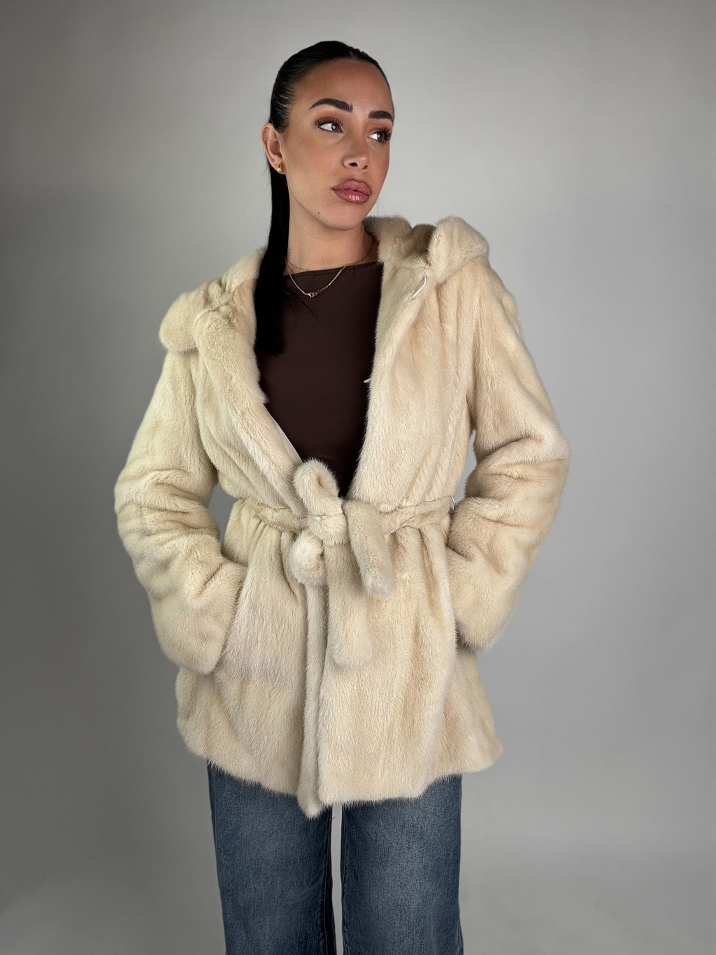 Mink jacket with belt and hood