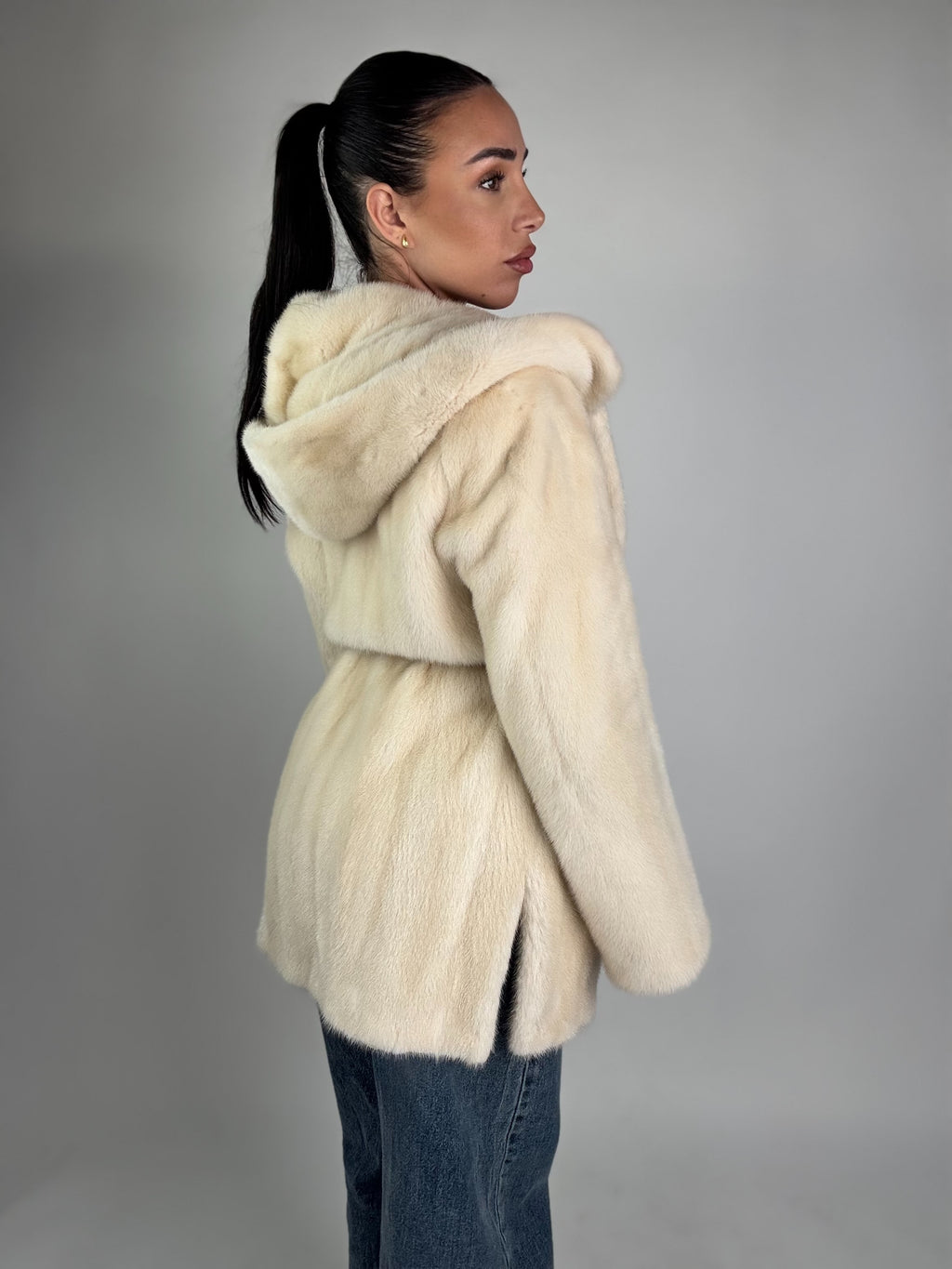 Mink jacket with belt and hood