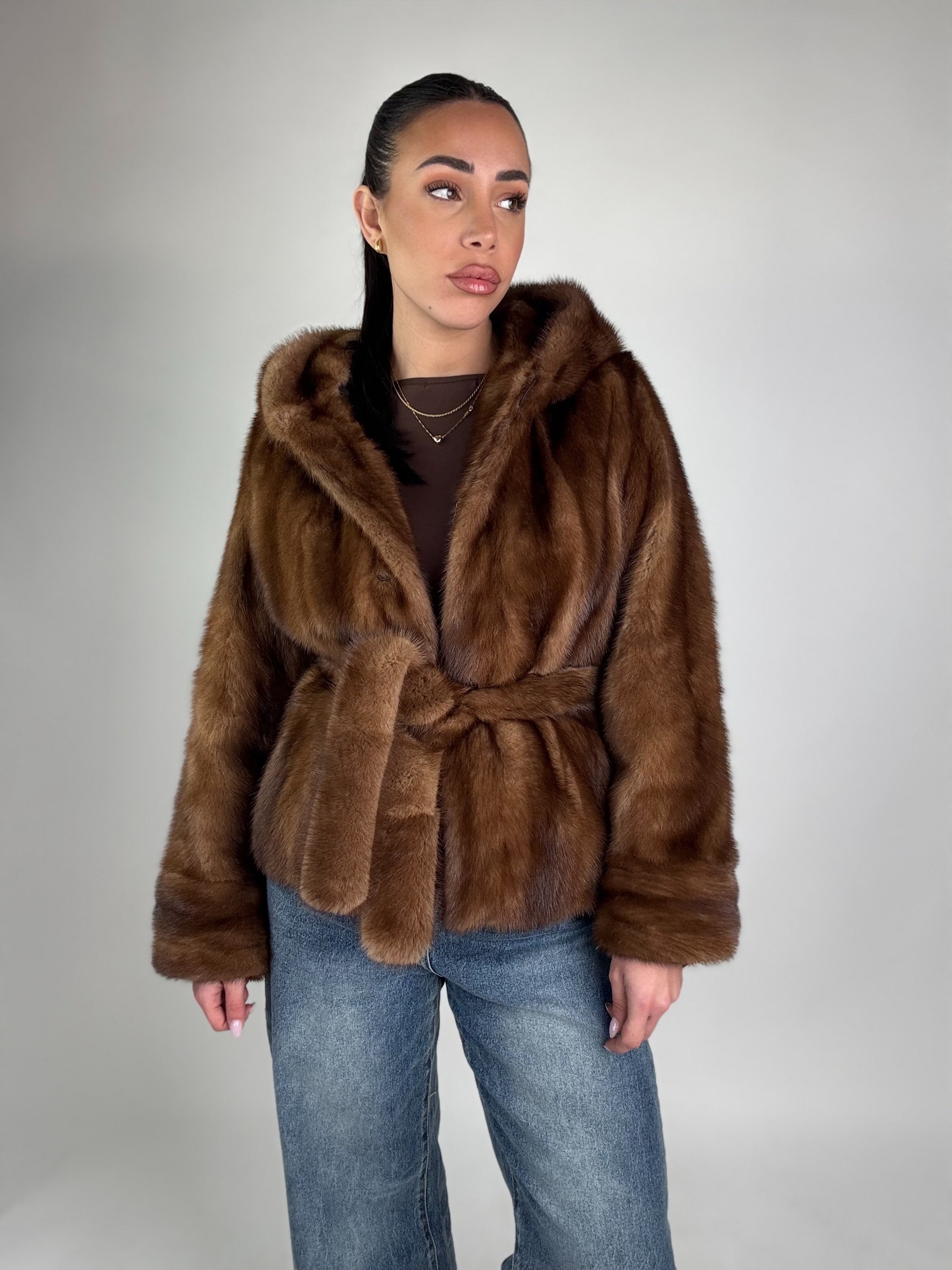 Mink jacket with belt and hood