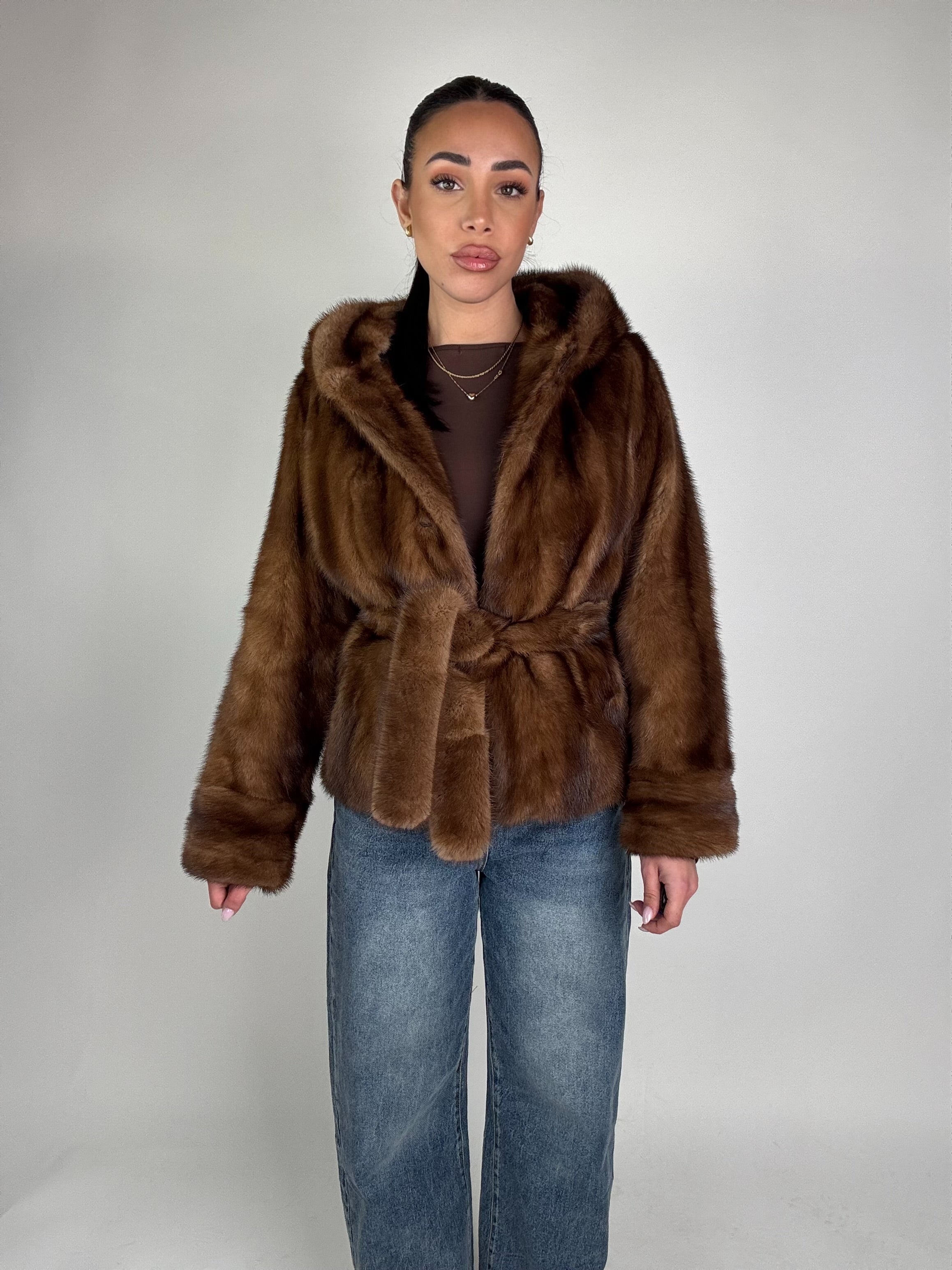 Mink jacket with belt and hood