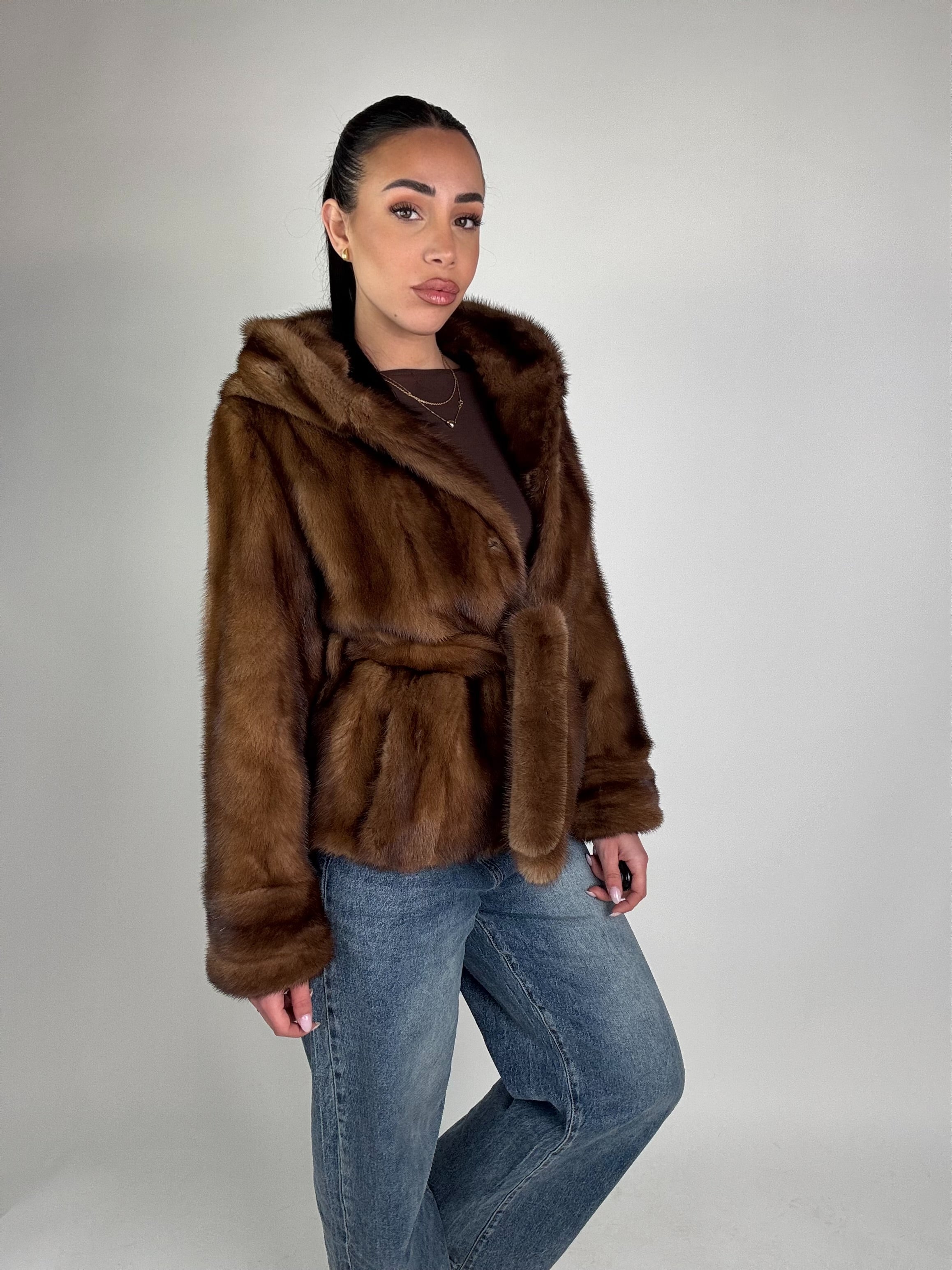 Mink jacket with belt and hood