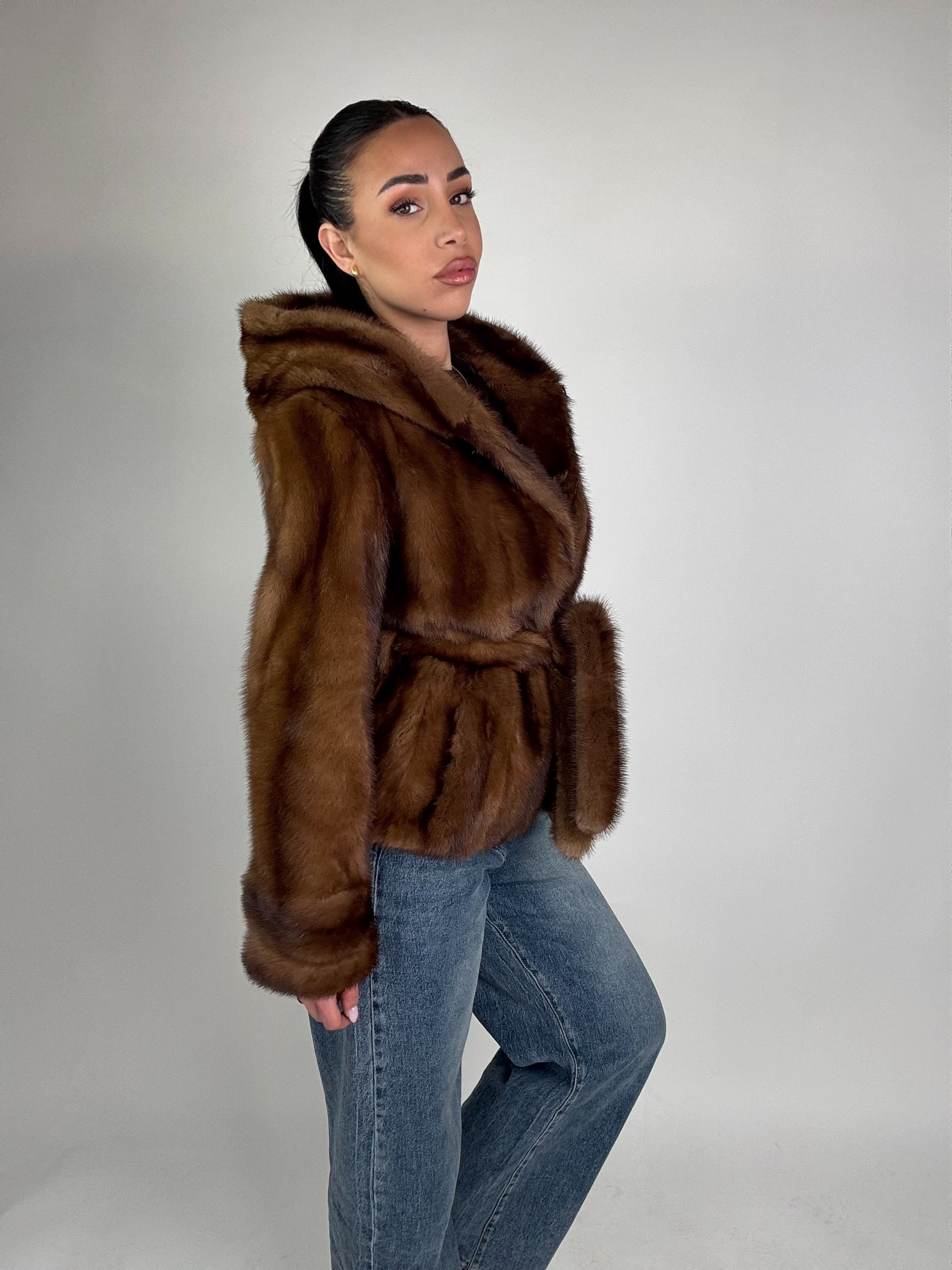 Mink jacket with belt and hood