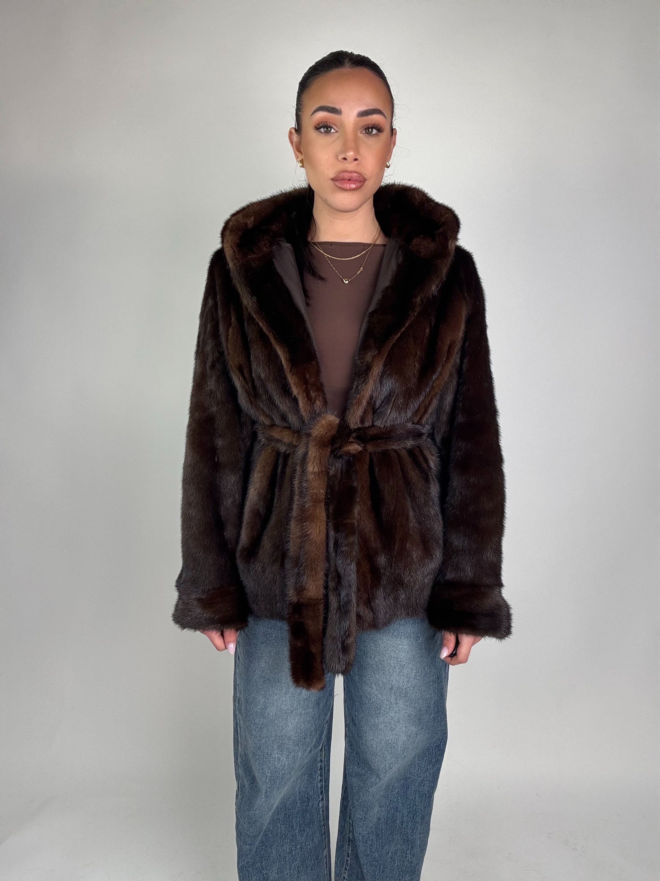 Mink jacket with belt and hood