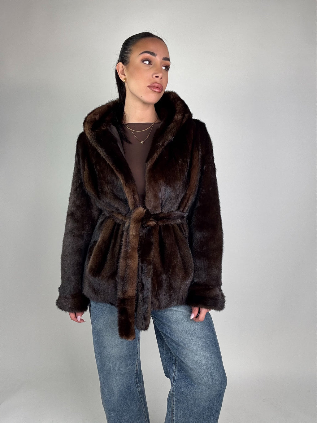 Mink jacket with belt and hood