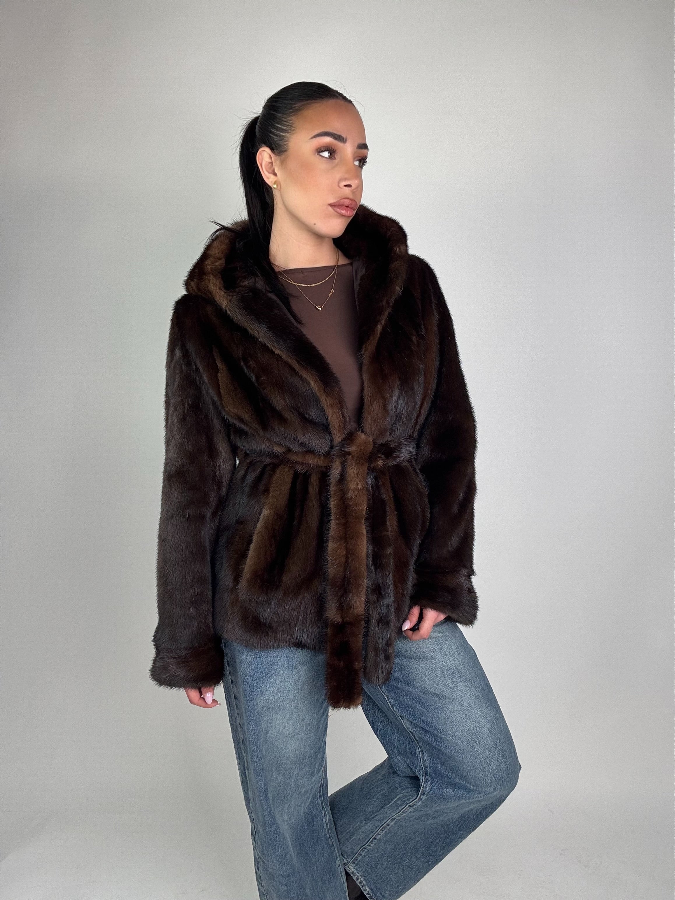 Mink jacket with belt and hood