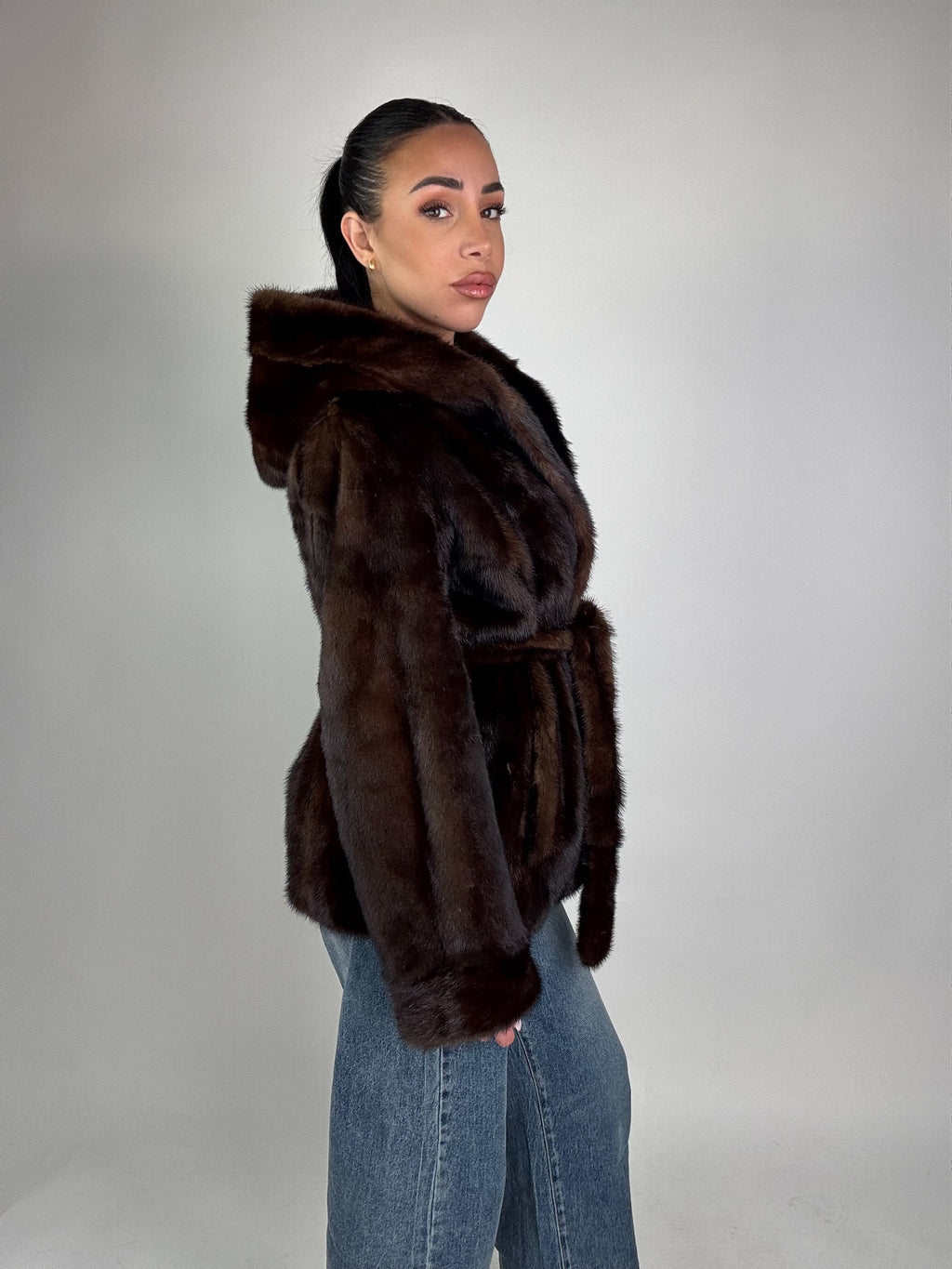 Mink jacket with belt and hood