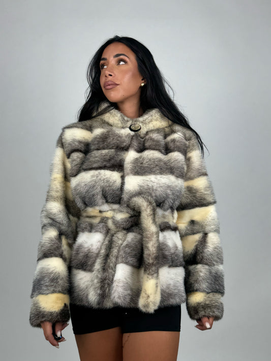 Mink jacket with belt and hood