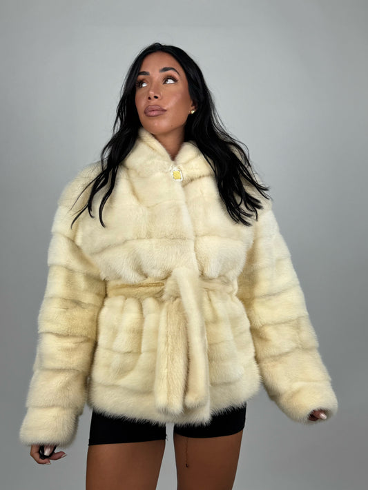 Mink jacket with belt and hood