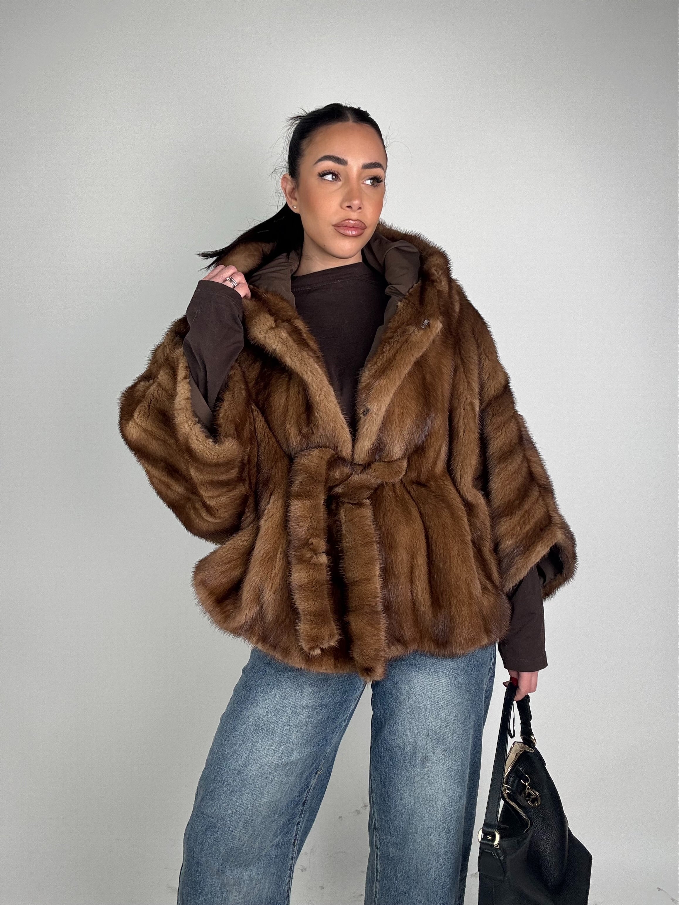 Mink jacket with belt and hood