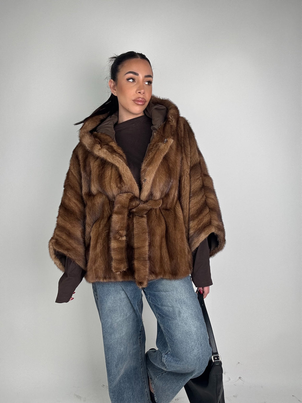 Mink jacket with belt and hood